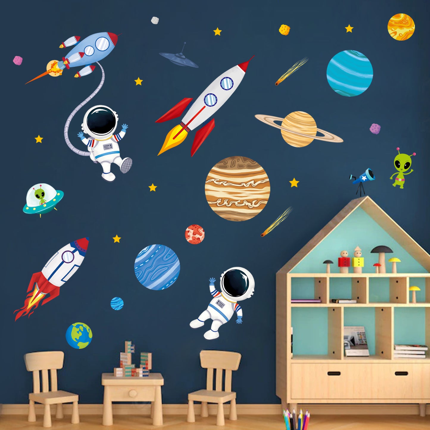 decalmile Outer Space Wall Decals Rocket Planets Astronaut Wall Stickers