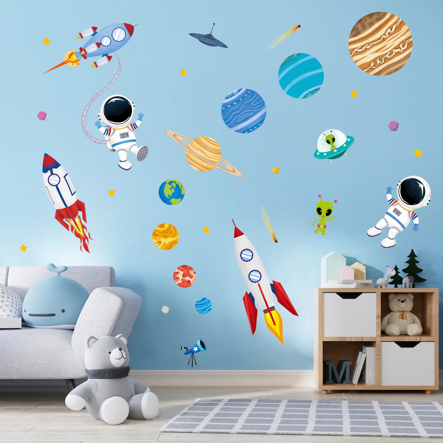 decalmile Outer Space Wall Decals Rocket Planets Astronaut Wall Stickers