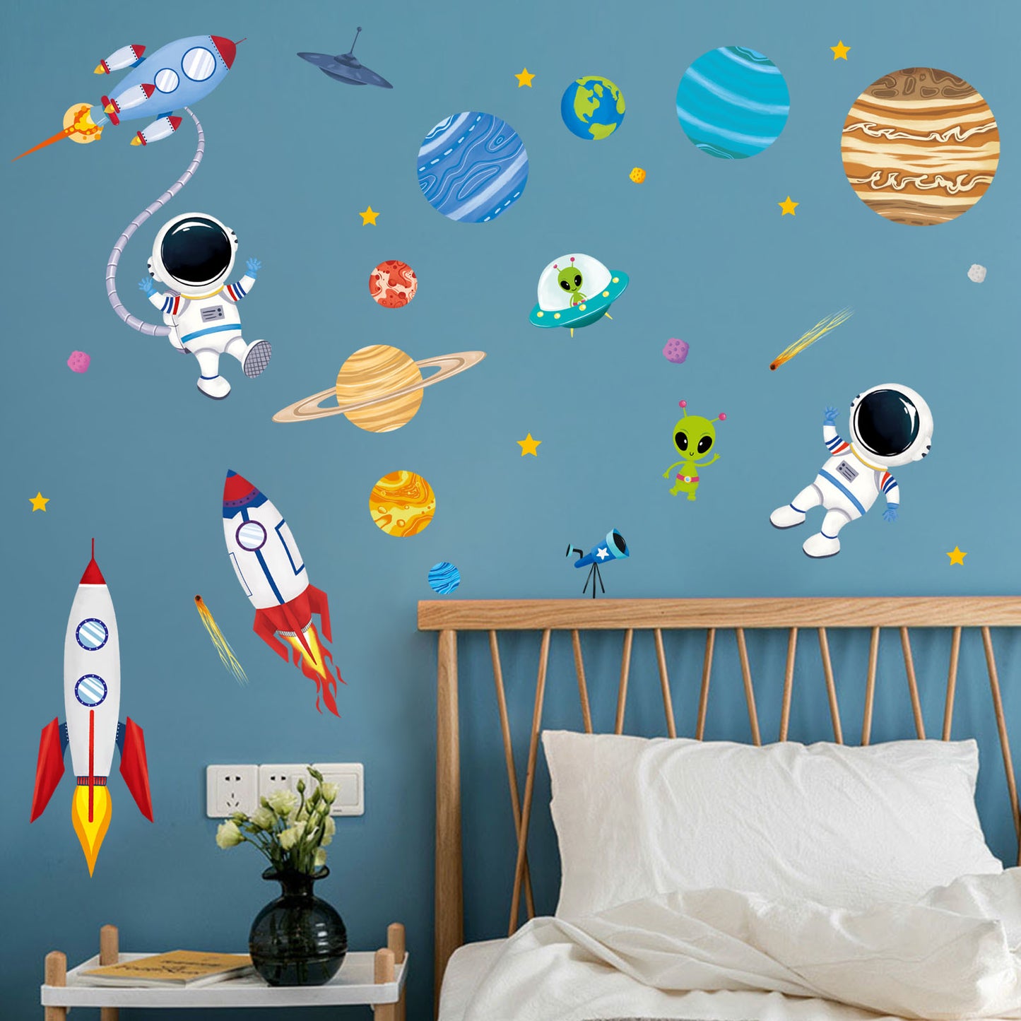 decalmile Outer Space Wall Decals Rocket Planets Astronaut Wall Stickers