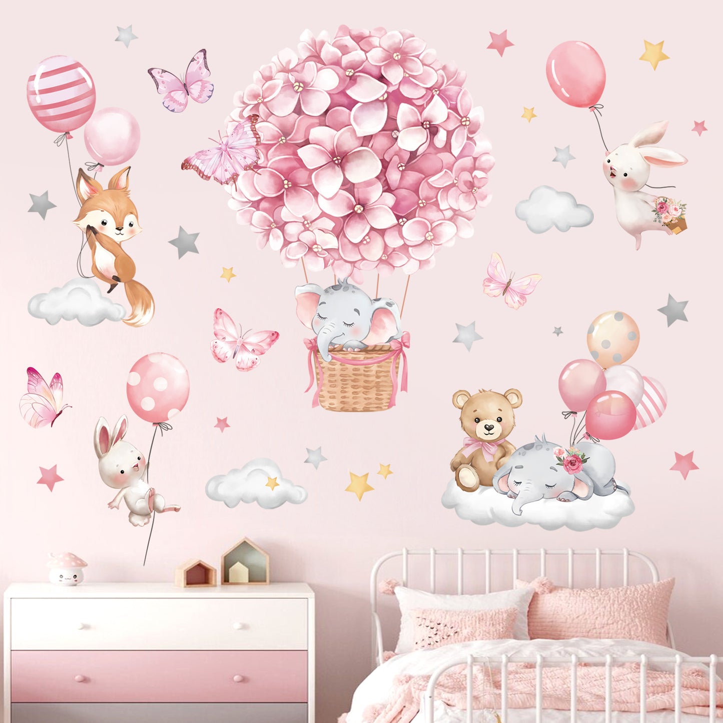 decalmile Animals Hot Air Balloon Wall Decals Flowers Balloons Elephant Bear Wall Stickers