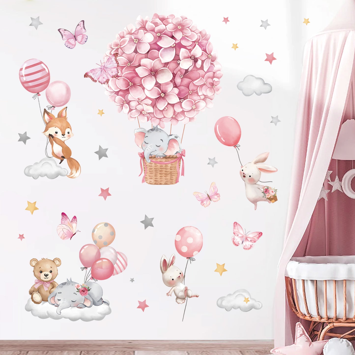 decalmile Animals Hot Air Balloon Wall Decals Flowers Balloons Elephant Bear Wall Stickers