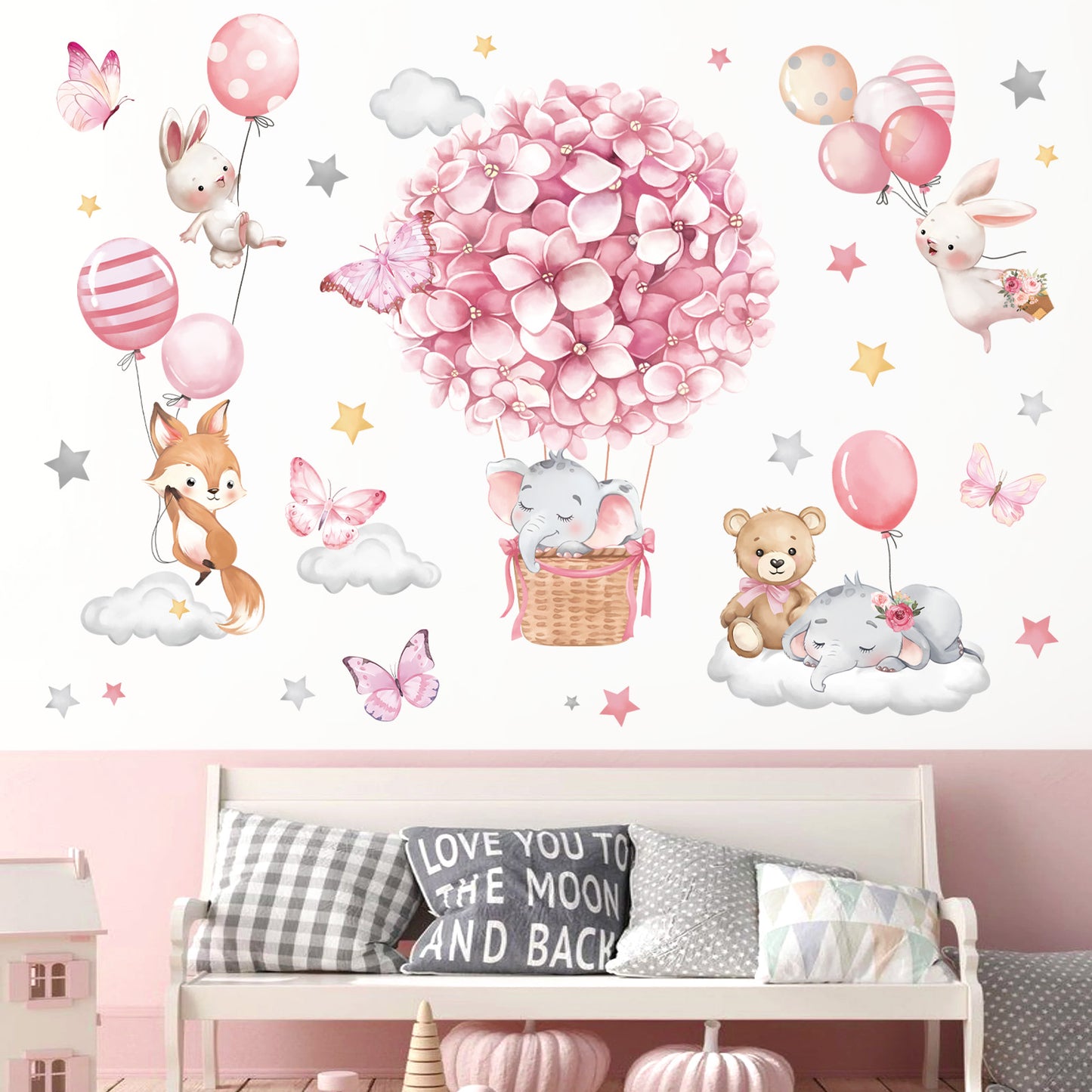 decalmile Animals Hot Air Balloon Wall Decals Flowers Balloons Elephant Bear Wall Stickers