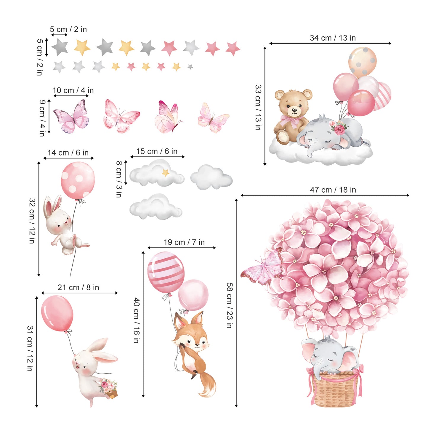 decalmile Animals Hot Air Balloon Wall Decals Flowers Balloons Elephant Bear Wall Stickers