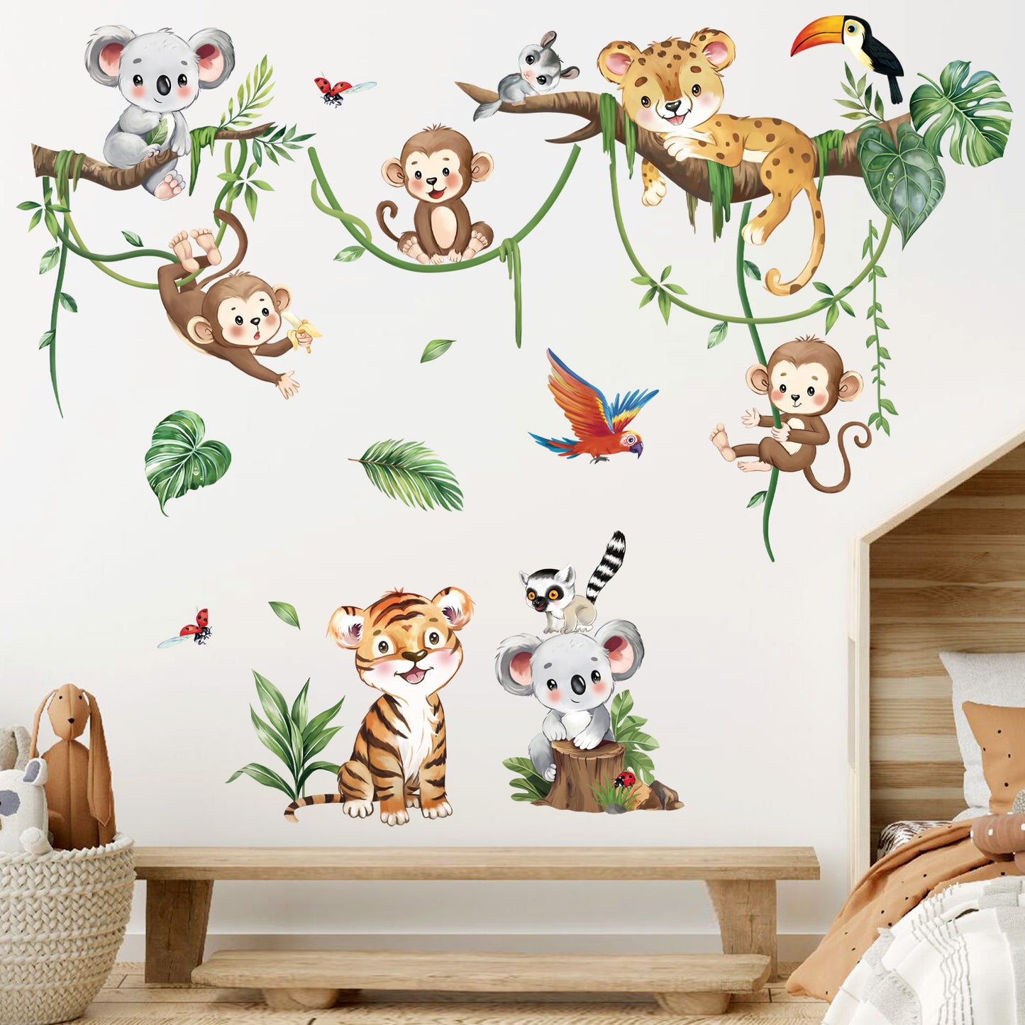 decalmile Jungle Animal Tree Branch Wall Decals Safari Animal Monkey Koala Wall Stickers