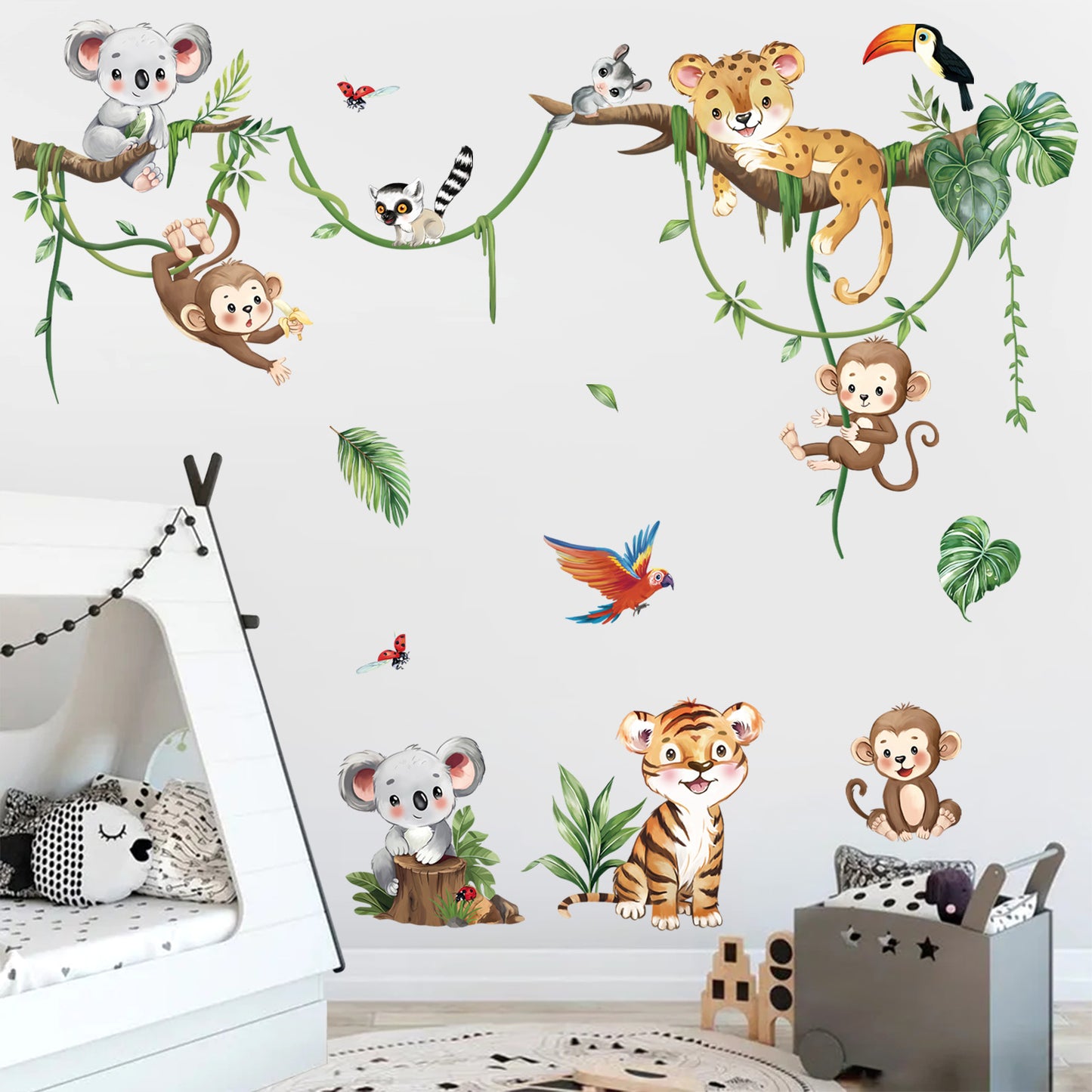 decalmile Jungle Animal Tree Branch Wall Decals Safari Animal Monkey Koala Wall Stickers