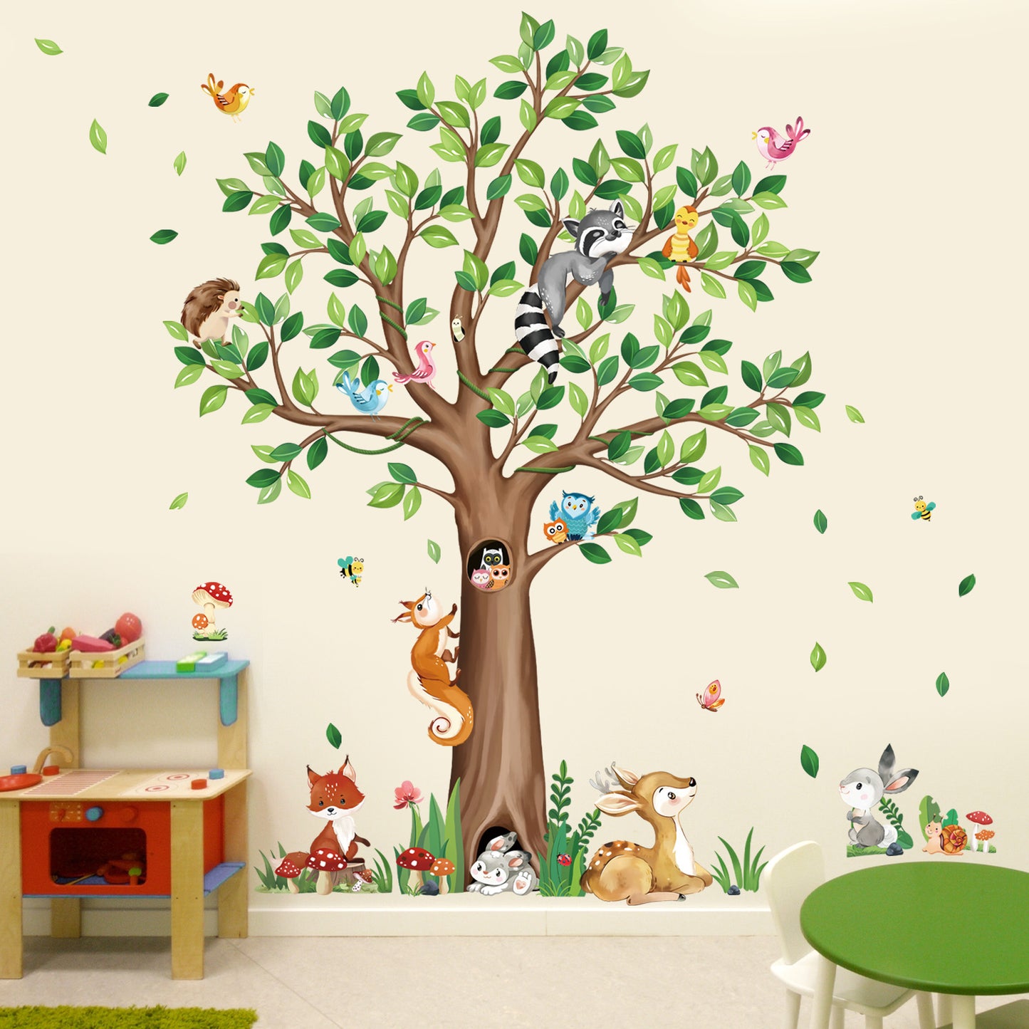 decalmile Woodland Animals Large Tree Wall Stickers Bear Fox Deer Wall Decals (53Inches)