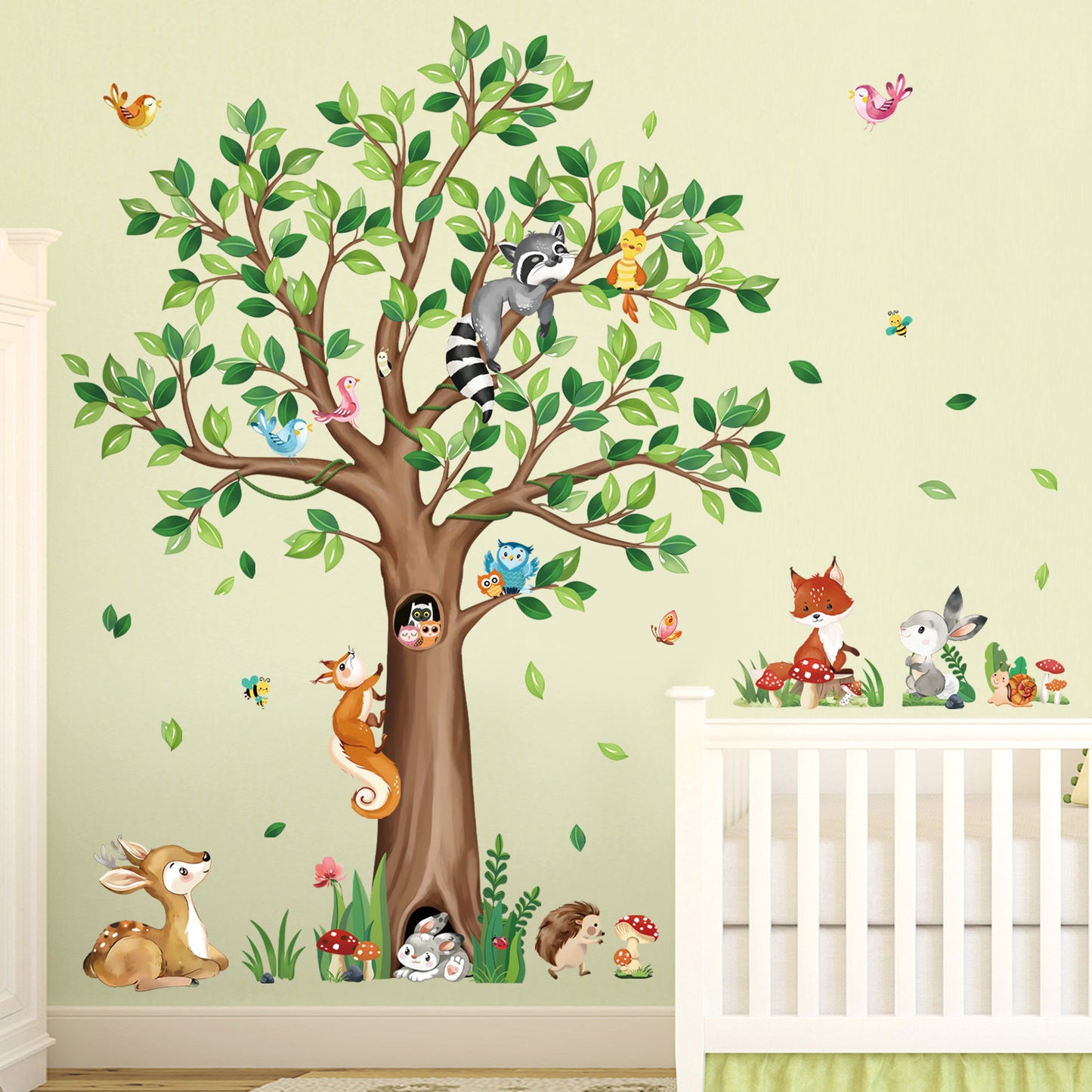 decalmile Woodland Animals Large Tree Wall Stickers Bear Fox Deer Wall Decals (53Inches)