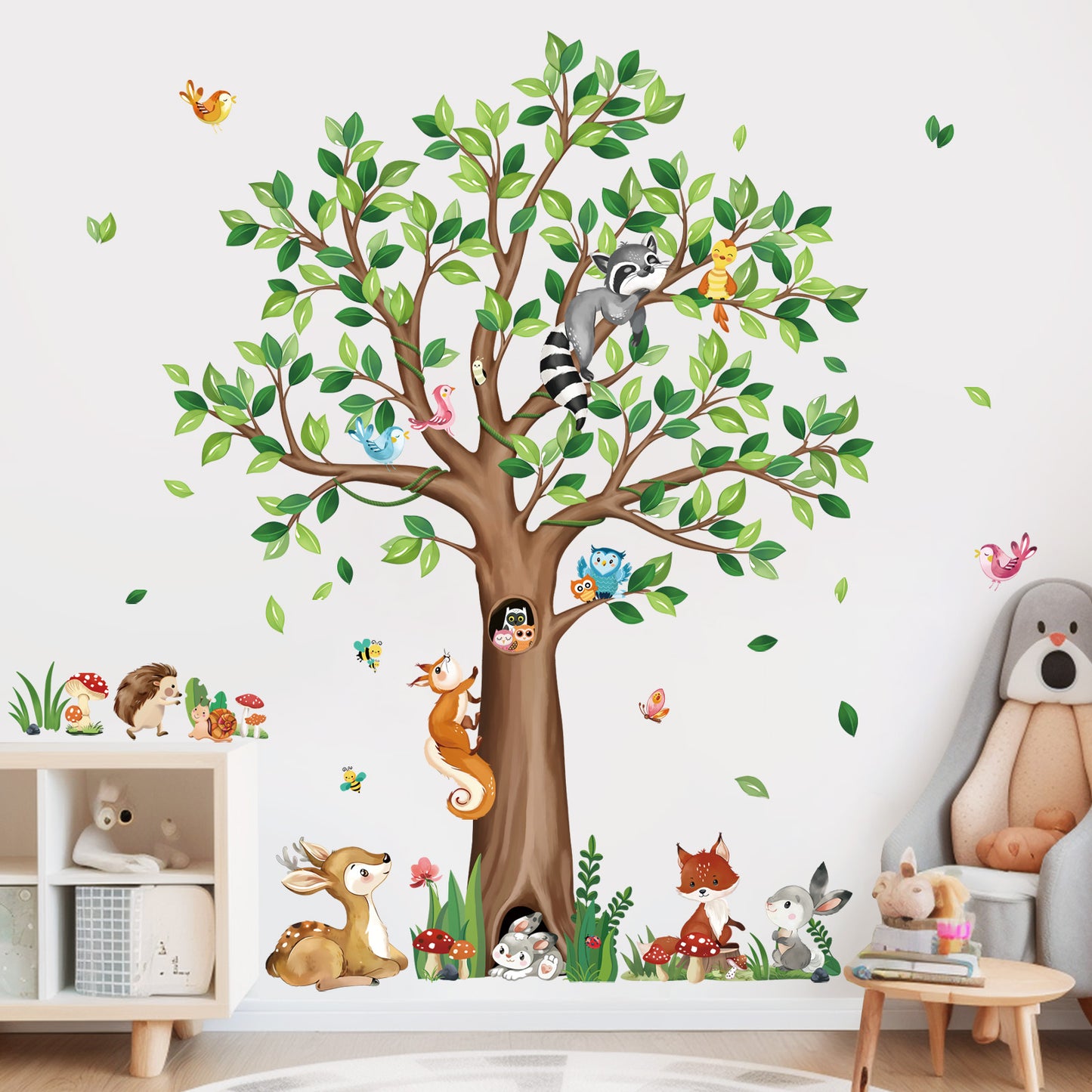 decalmile Woodland Animals Large Tree Wall Stickers Bear Fox Deer Wall Decals (53Inches)