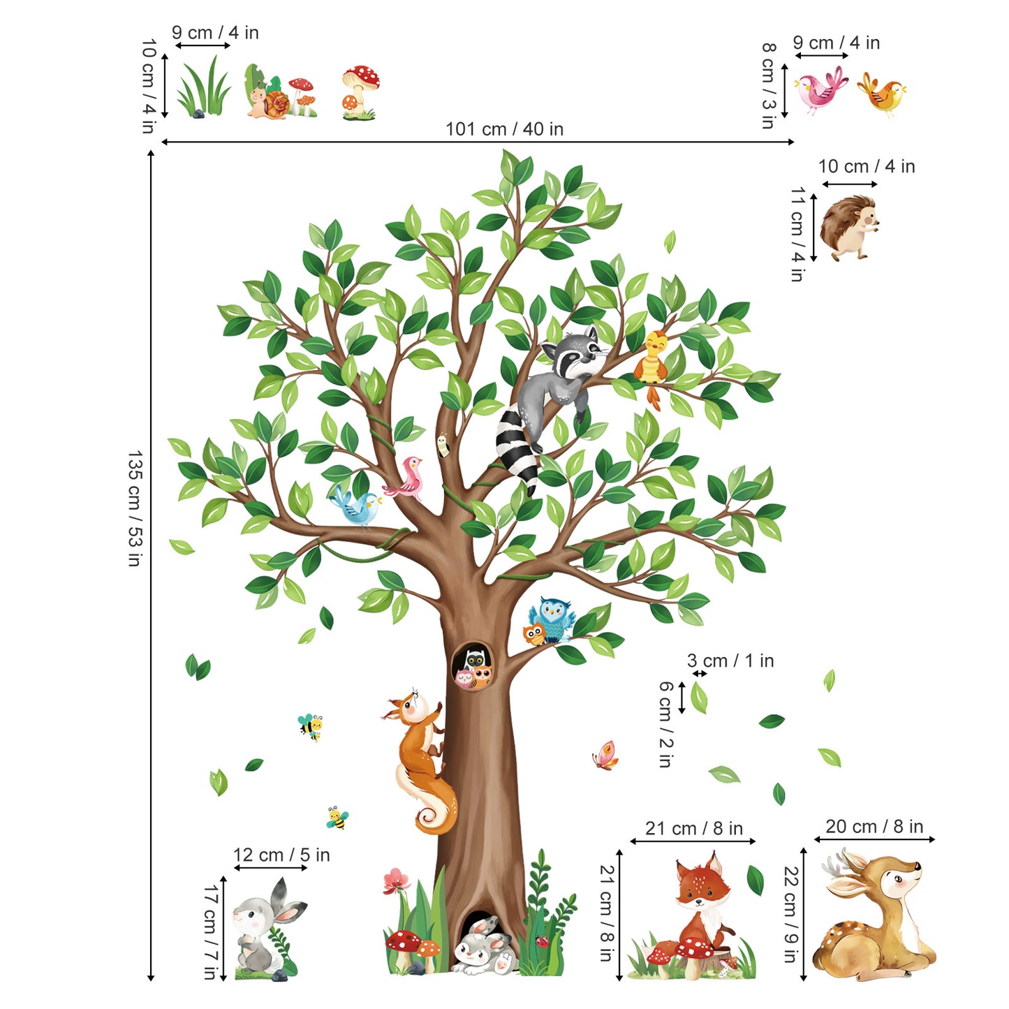 decalmile Woodland Animals Large Tree Wall Stickers Bear Fox Deer Wall Decals (53Inches)