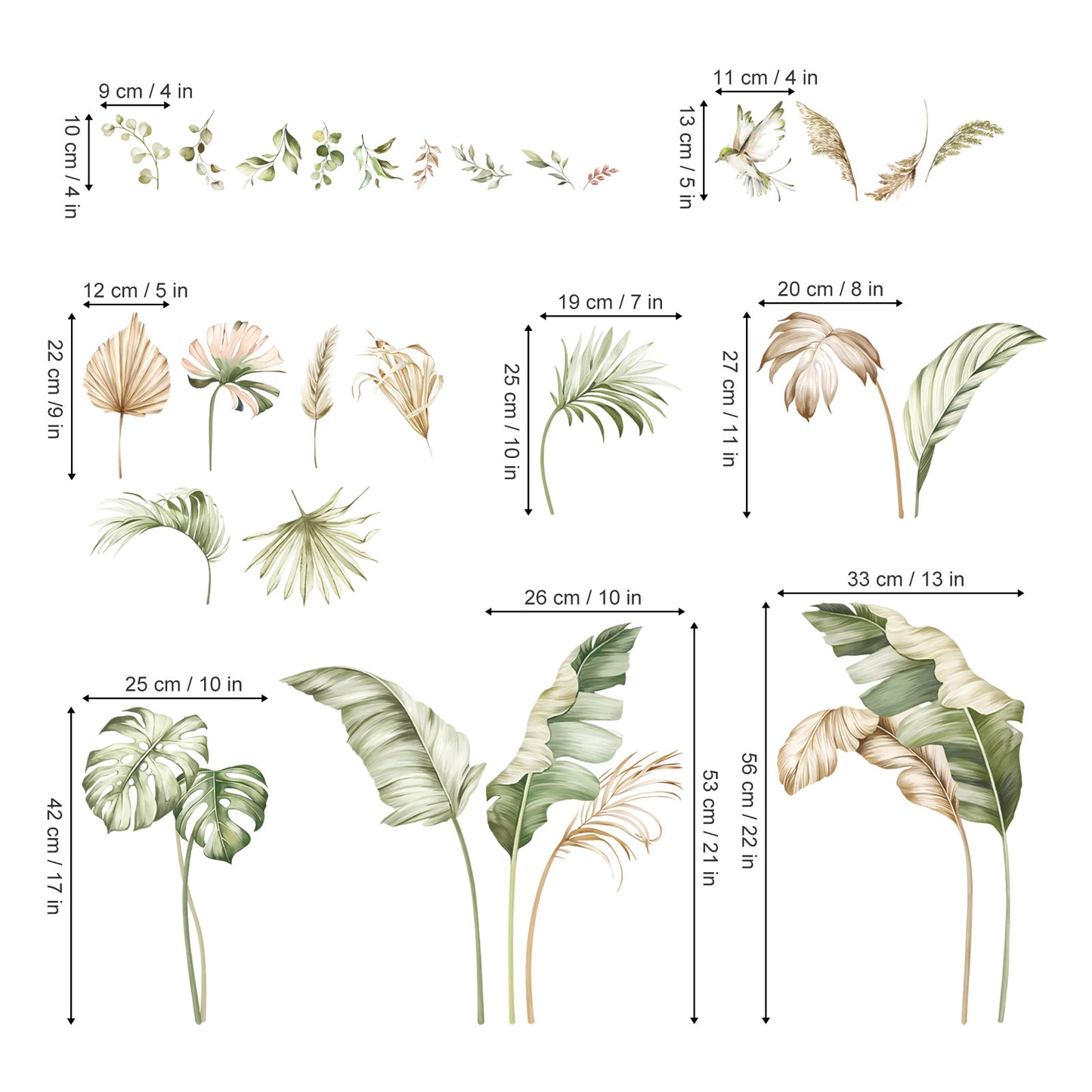 decalmile Boho Tropical Leaves Wall Decals Palm Leaf Green Plants Wall Stickers