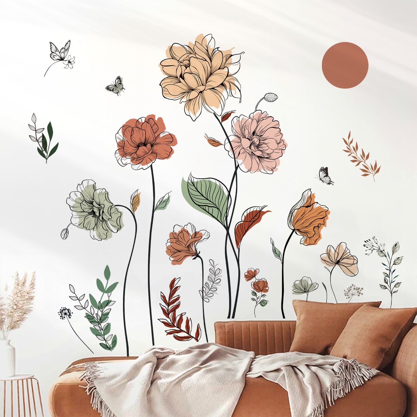 decalmile Boho Flower Wall Decals Floral Plants Grass Wall Stickers