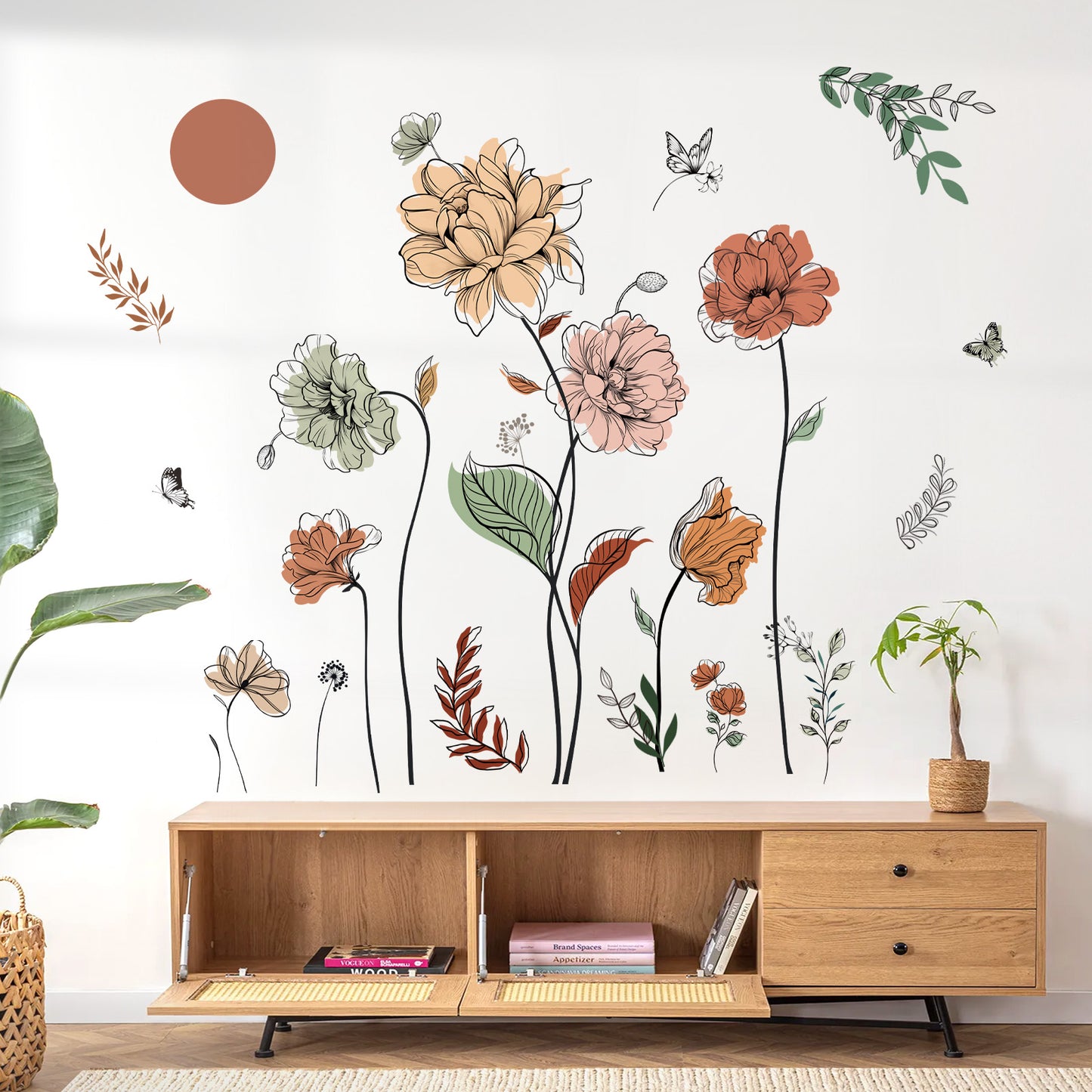 decalmile Boho Flower Wall Decals Floral Plants Grass Wall Stickers