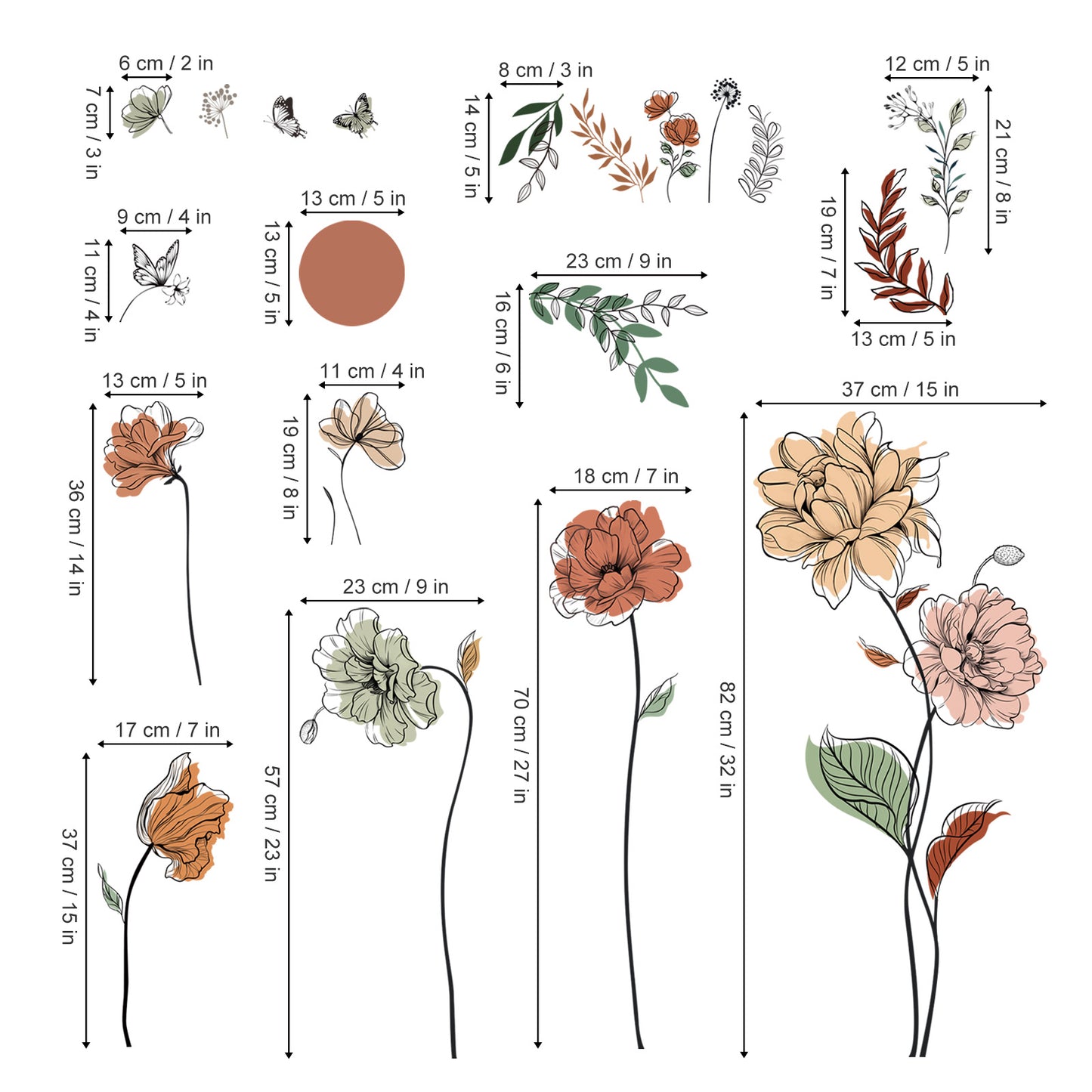 decalmile Boho Flower Wall Decals Floral Plants Grass Wall Stickers