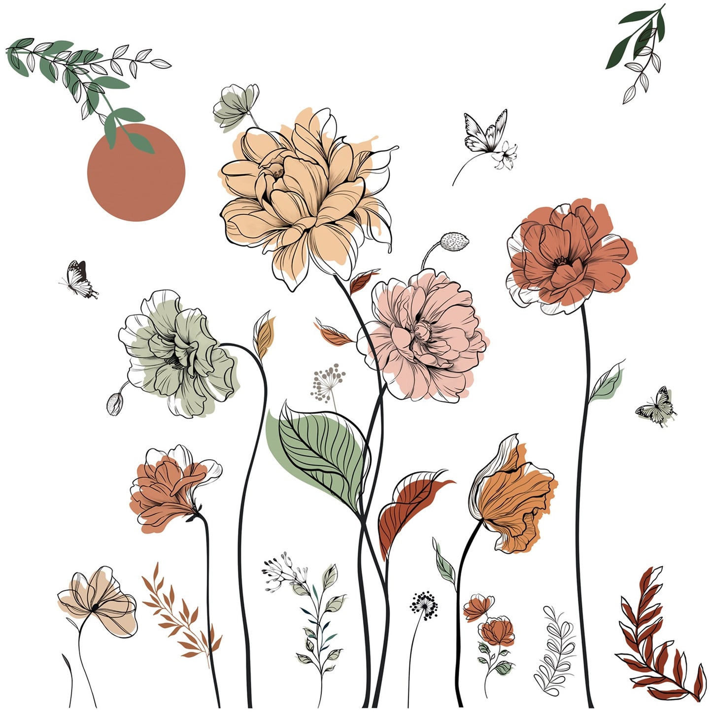 decalmile Boho Flower Wall Decals Floral Plants Grass Wall Stickers