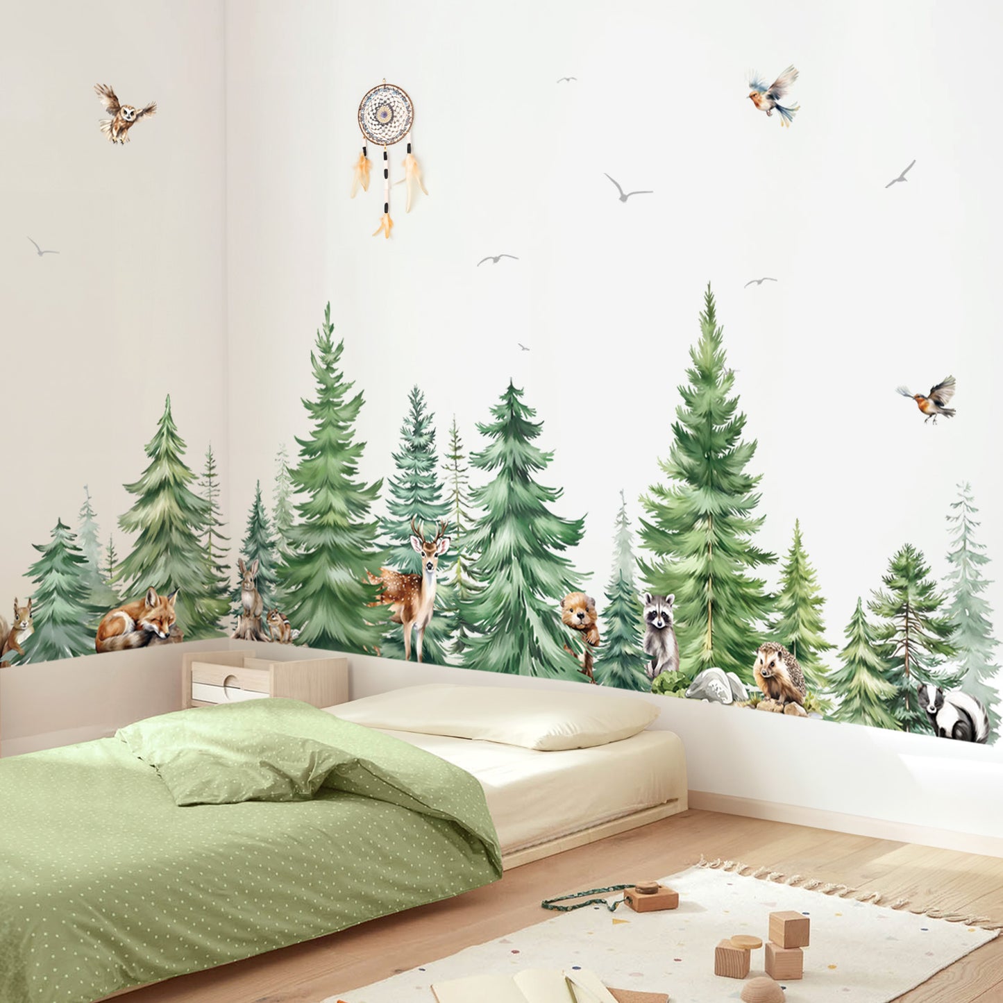 decalmile Large Watercolor Pine Tree Animals Wall Stickers Woodland Forest Tree Fox Deer Bear Wall Decals