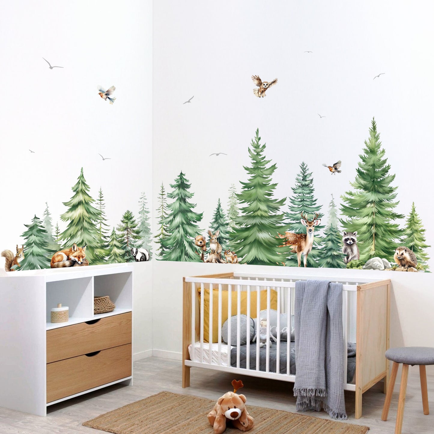 decalmile Large Watercolor Pine Tree Animals Wall Stickers Woodland Forest Tree Fox Deer Bear Wall Decals