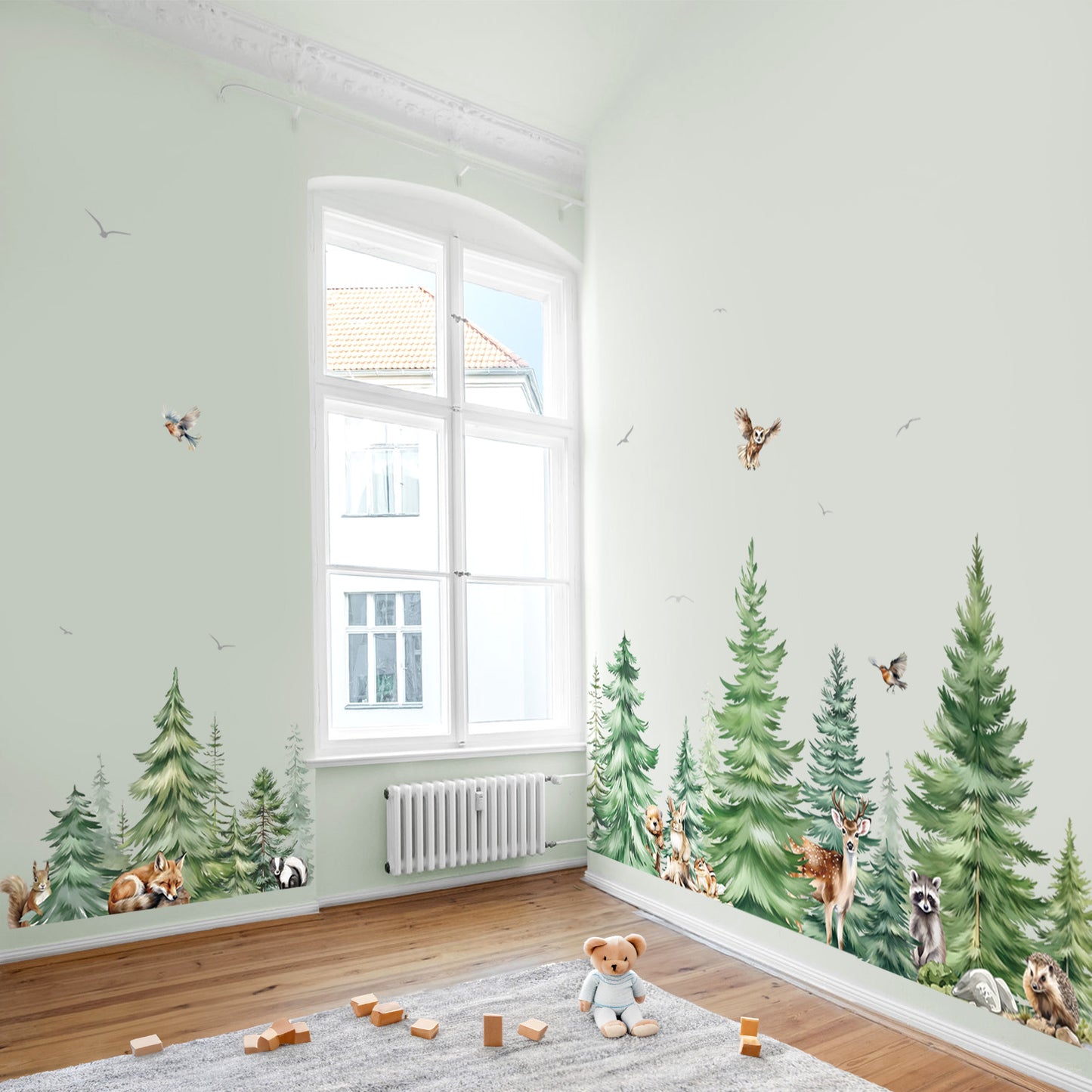 decalmile Large Watercolor Pine Tree Animals Wall Stickers Woodland Forest Tree Fox Deer Bear Wall Decals