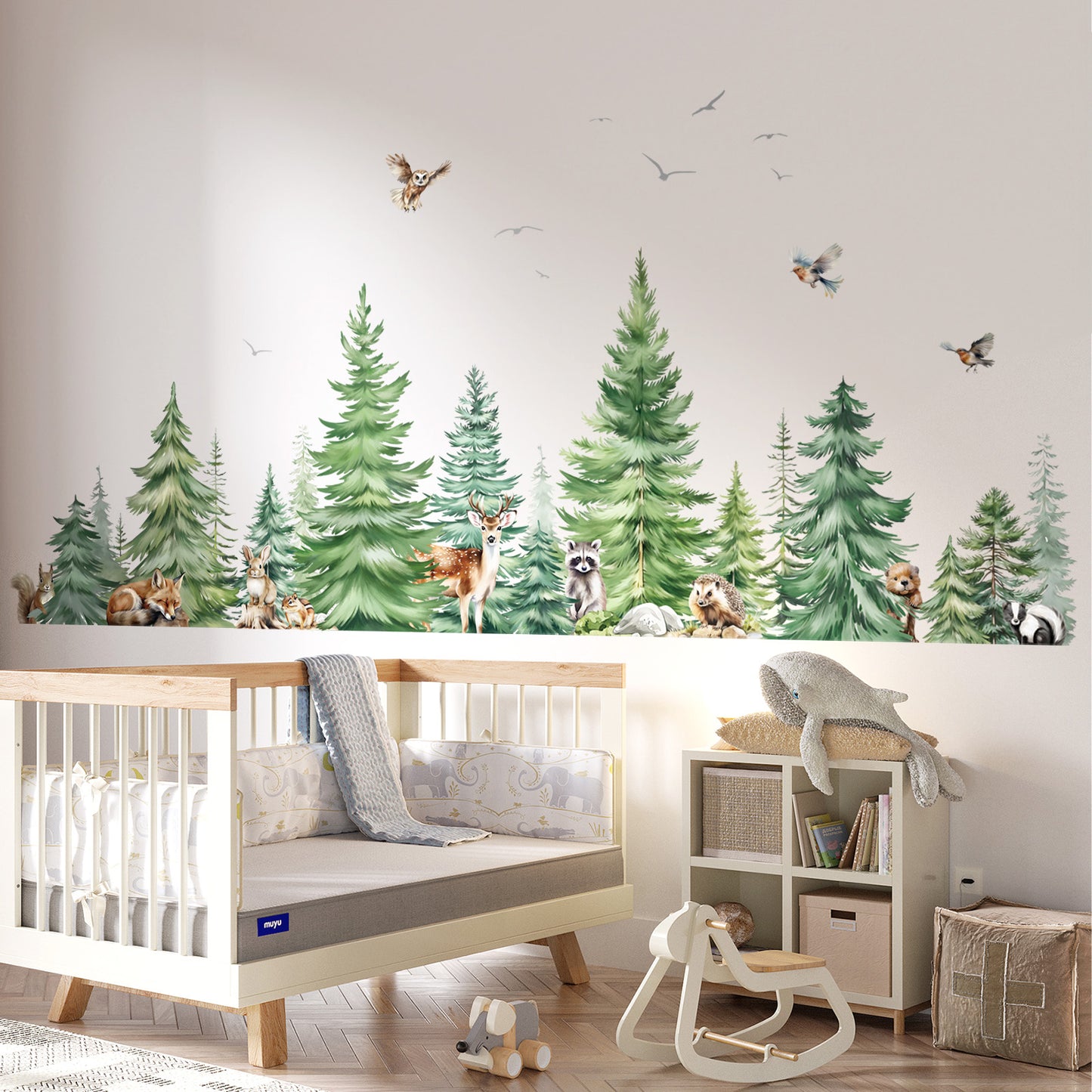 decalmile Large Watercolor Pine Tree Animals Wall Stickers Woodland Forest Tree Fox Deer Bear Wall Decals