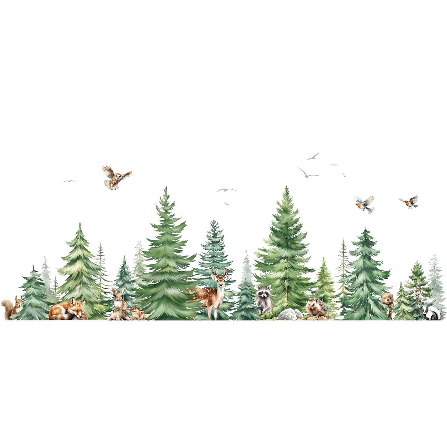 decalmile Large Watercolor Pine Tree Animals Wall Stickers Woodland Forest Tree Fox Deer Bear Wall Decals