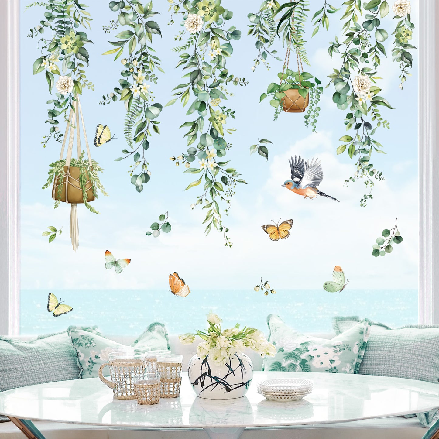 decalmile Spring Hanging Vine Double Sided Window Clings Green Leaves Flower Birds Anti-Collision Window Decals