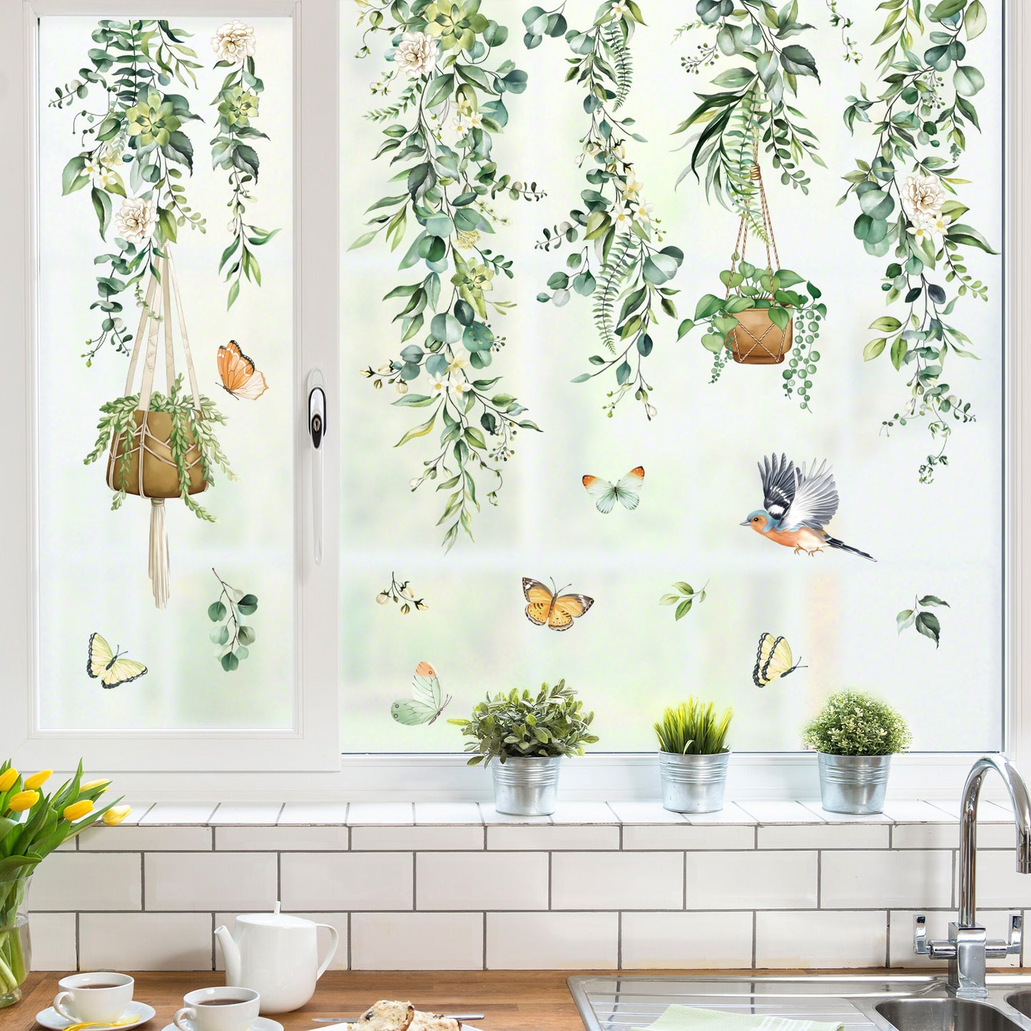 decalmile Spring Hanging Vine Double Sided Window Clings Green Leaves Flower Birds Anti-Collision Window Decals