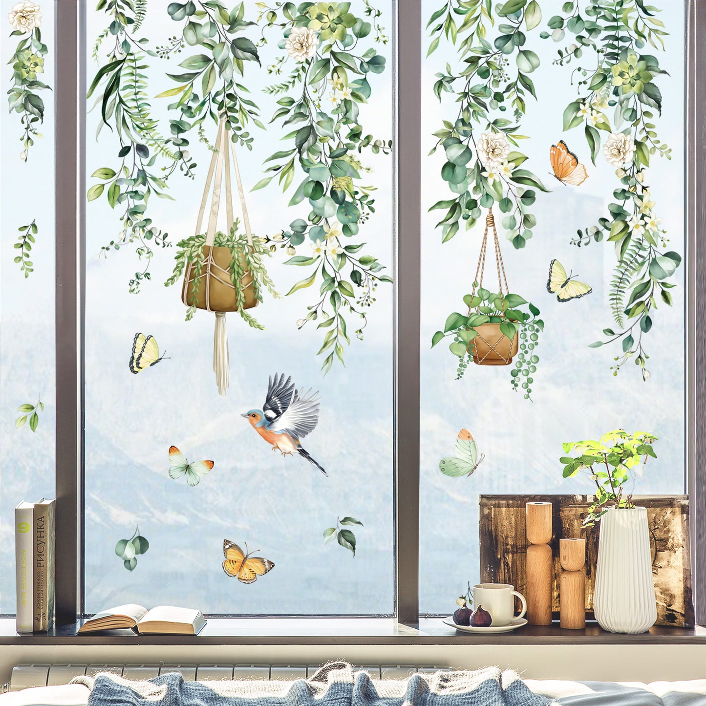 decalmile Spring Hanging Vine Double Sided Window Clings Green Leaves Flower Birds Anti-Collision Window Decals