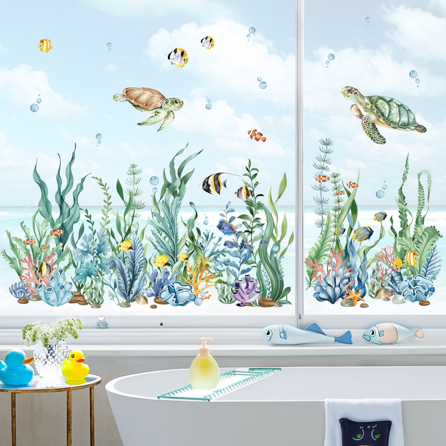 decalmile Summer Under The Sea Seaweed Double Sided Window Clings Ocean Grass Turtle Fish Anti-Collision Window Decals