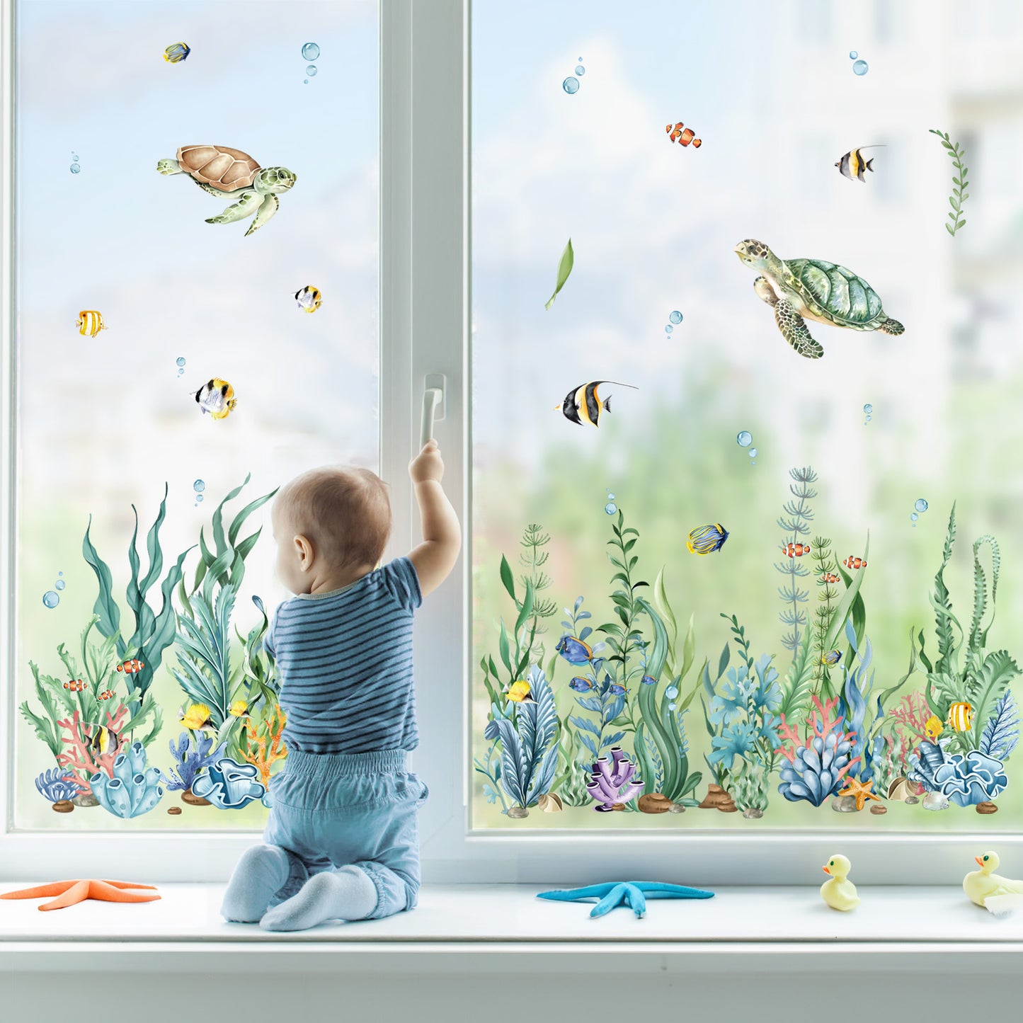 decalmile Summer Under The Sea Seaweed Double Sided Window Clings Ocean Grass Turtle Fish Anti-Collision Window Decals
