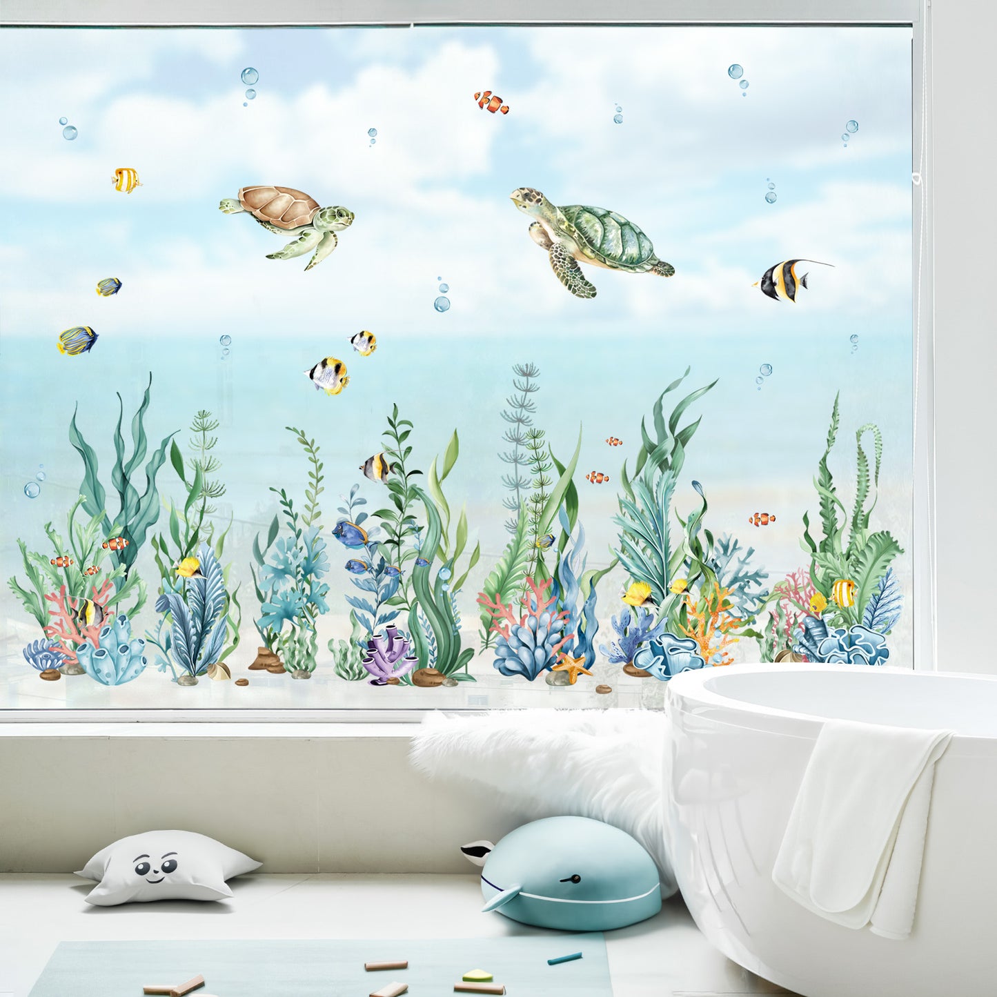 decalmile Summer Under The Sea Seaweed Double Sided Window Clings Ocean Grass Turtle Fish Anti-Collision Window Decals