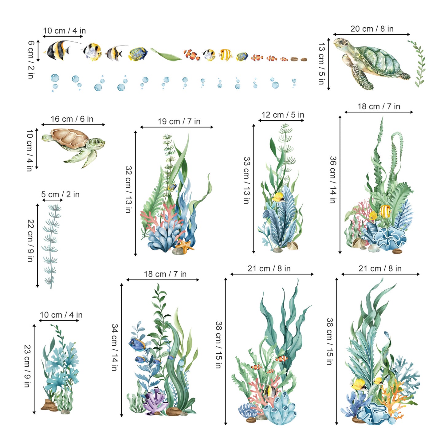 decalmile Summer Under The Sea Seaweed Double Sided Window Clings Ocean Grass Turtle Fish Anti-Collision Window Decals