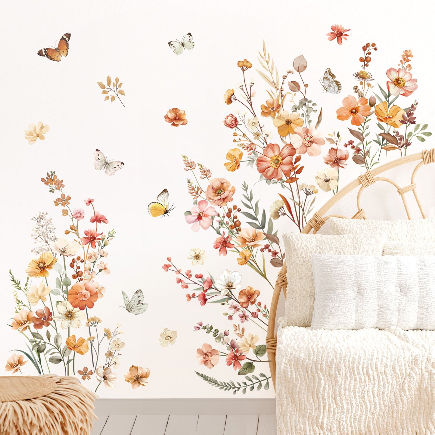 decalmile Boho Flower Wall Decals Garden Floral Butterflies Wildflower Wall Stickers