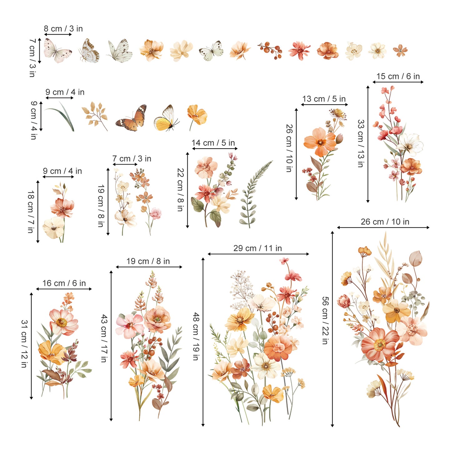 decalmile Boho Flower Wall Decals Garden Floral Butterflies Wildflower Wall Stickers