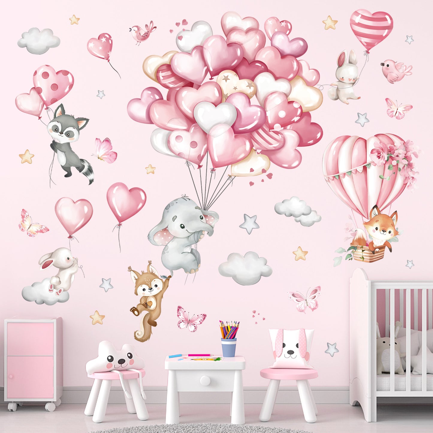 decalmile Forest Animals Pink Balloon Wall Decals Hot Air Balloon Elephant Fox Wall Stickers