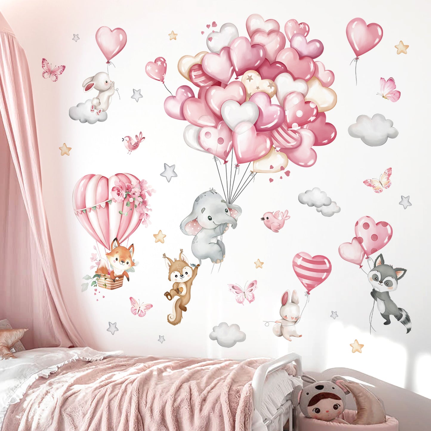 decalmile Forest Animals Pink Balloon Wall Decals Hot Air Balloon Elephant Fox Wall Stickers