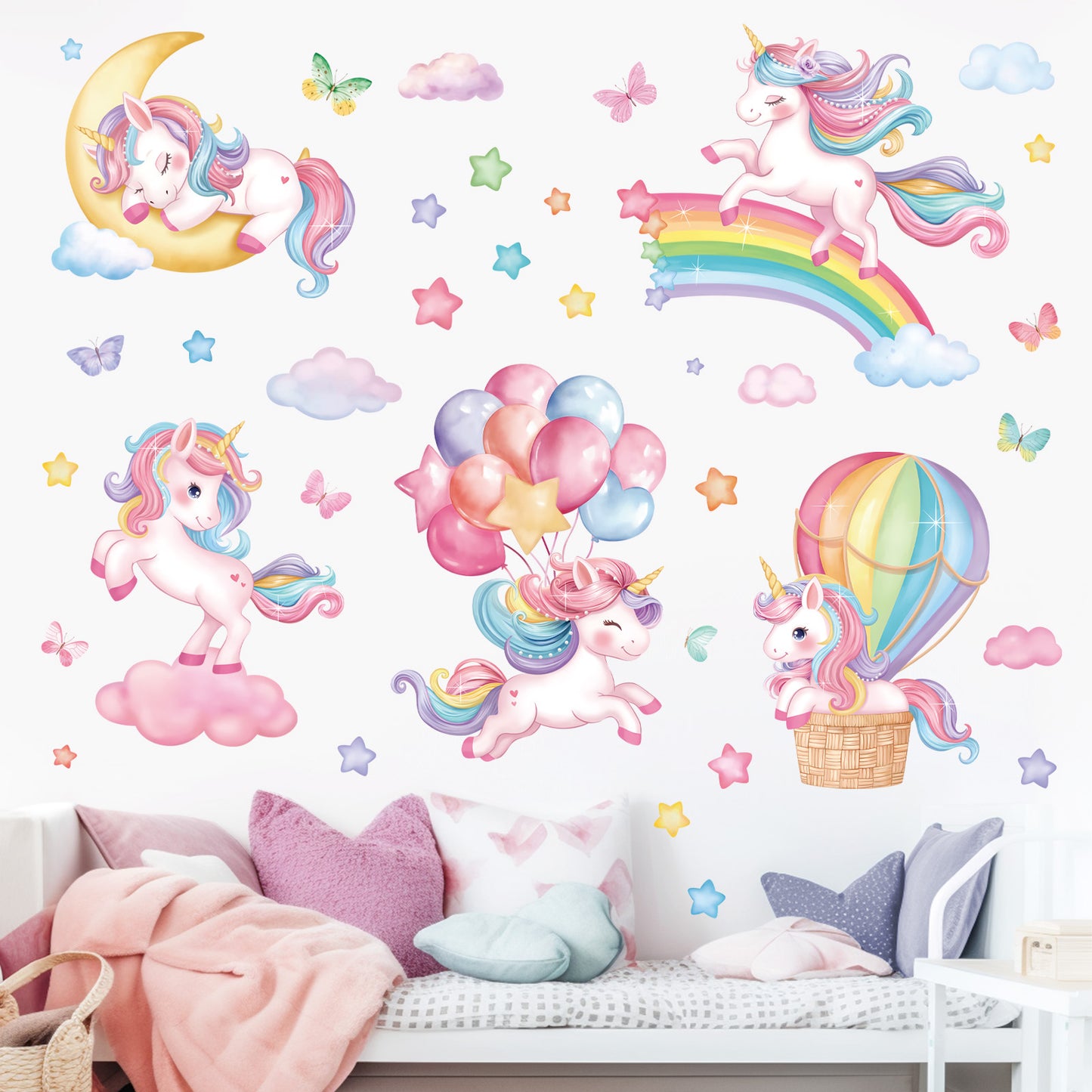decalmile Sleeping Unicorn Rainbow Wall Decals Hot Air Balloon Moon Clouds Wall Stickers