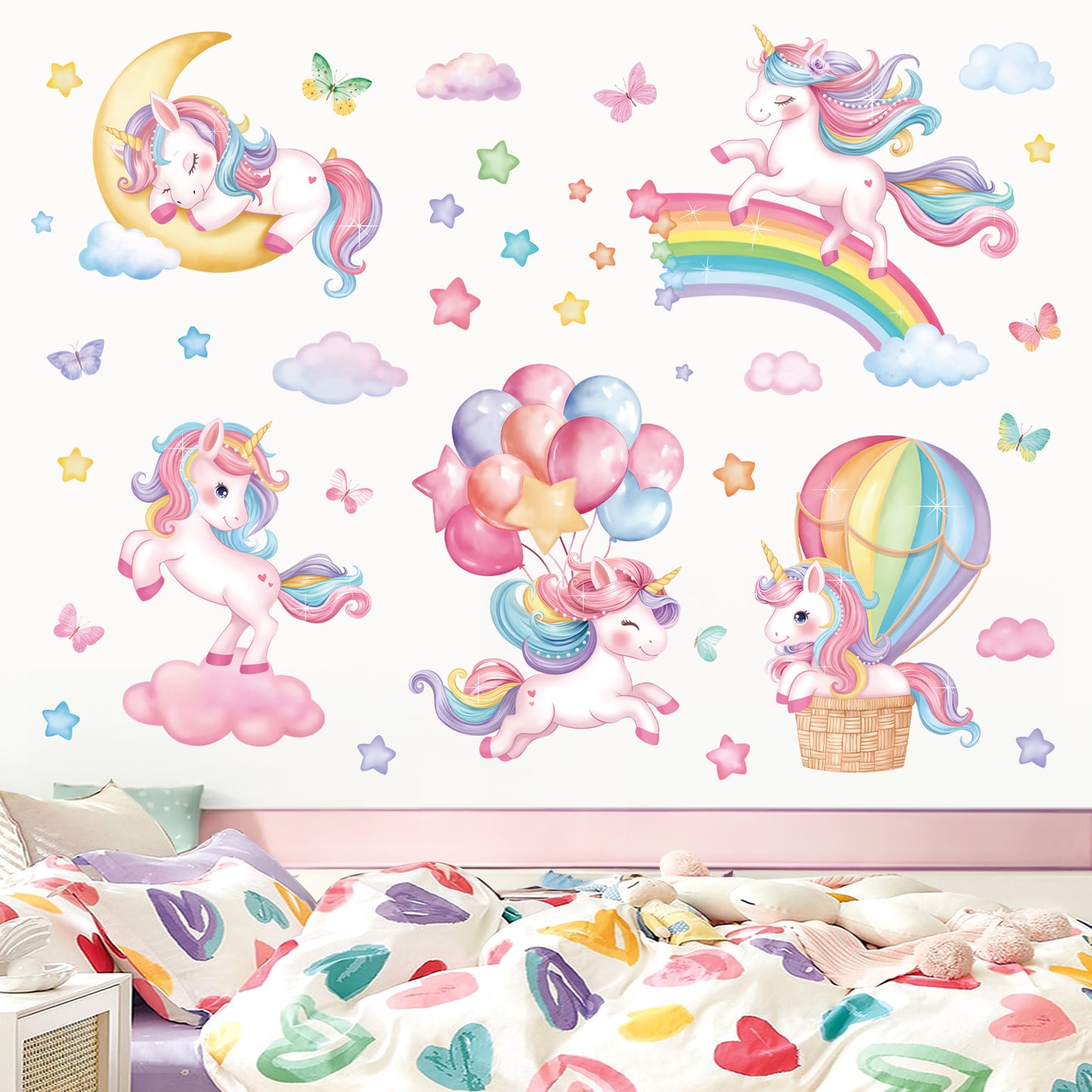 decalmile Sleeping Unicorn Rainbow Wall Decals Hot Air Balloon Moon Clouds Wall Stickers