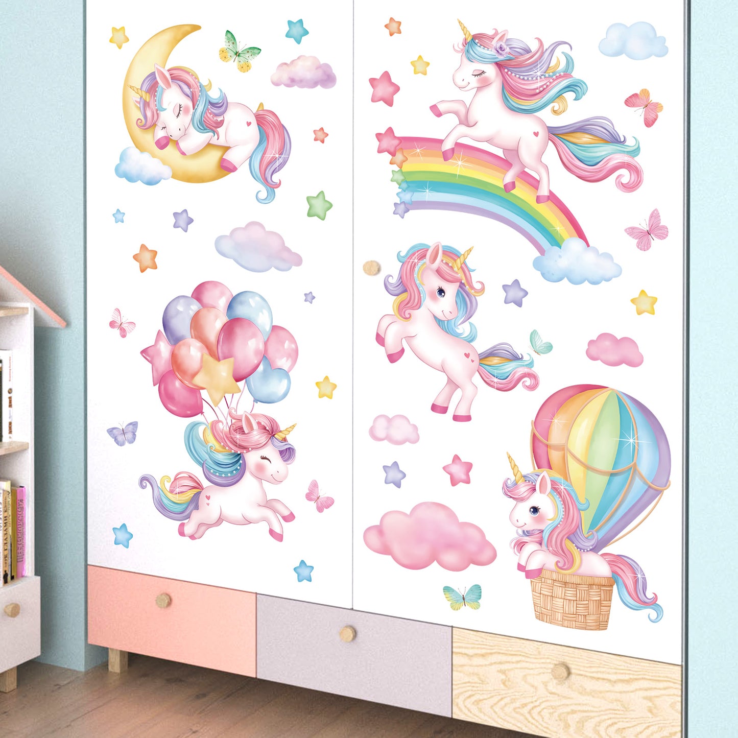 decalmile Sleeping Unicorn Rainbow Wall Decals Hot Air Balloon Moon Clouds Wall Stickers