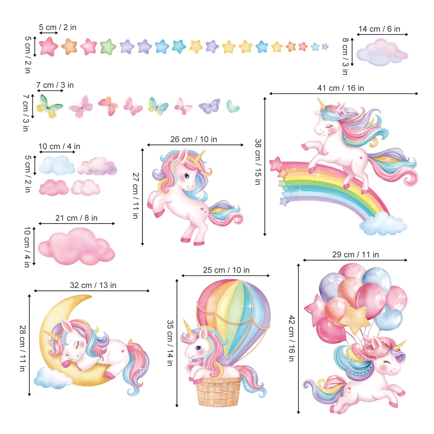 decalmile Sleeping Unicorn Rainbow Wall Decals Hot Air Balloon Moon Clouds Wall Stickers