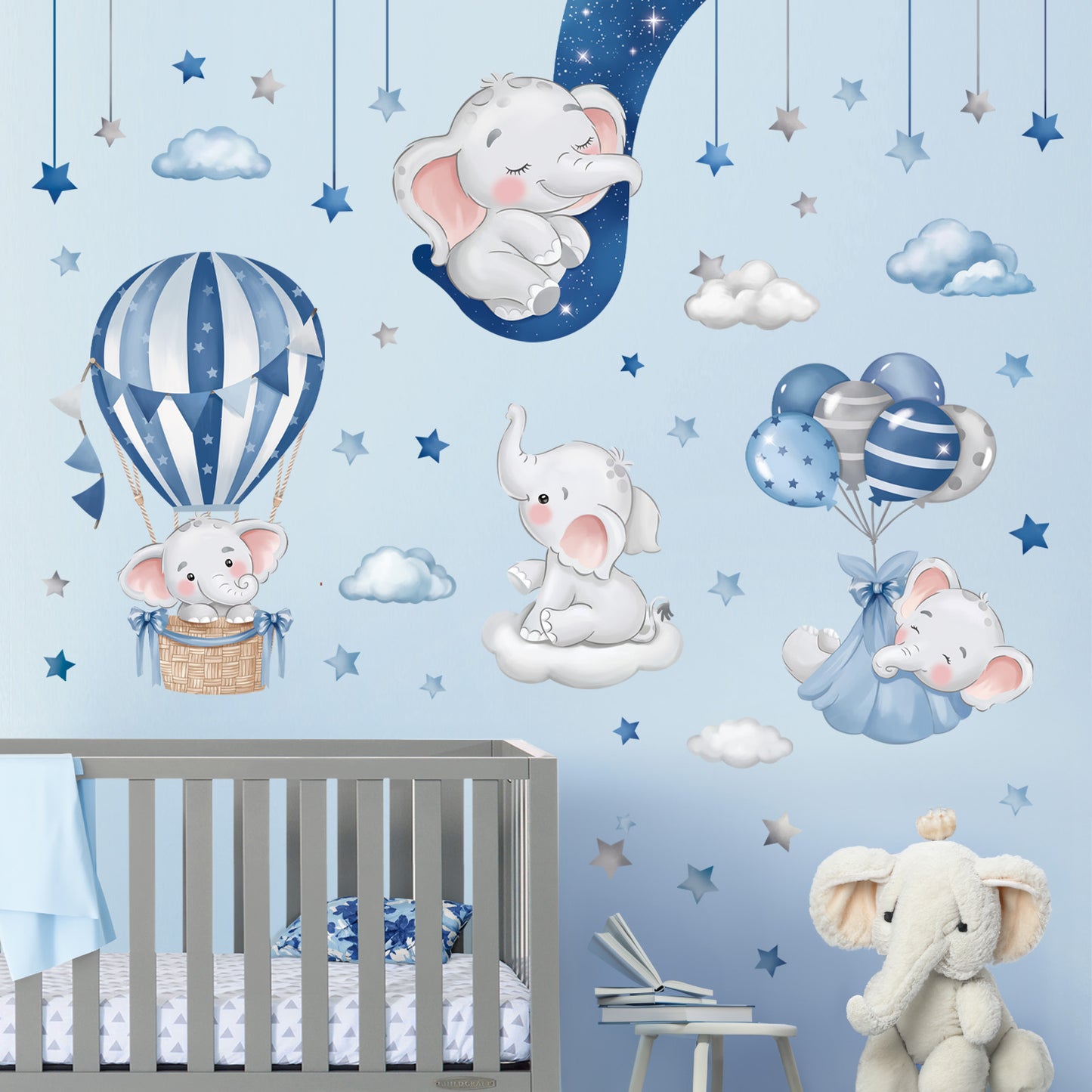 decalmile Blue Grey Sleeping Elephant Wall Decals Hot Air Balloon Moon Clouds Stars Wall Stickers