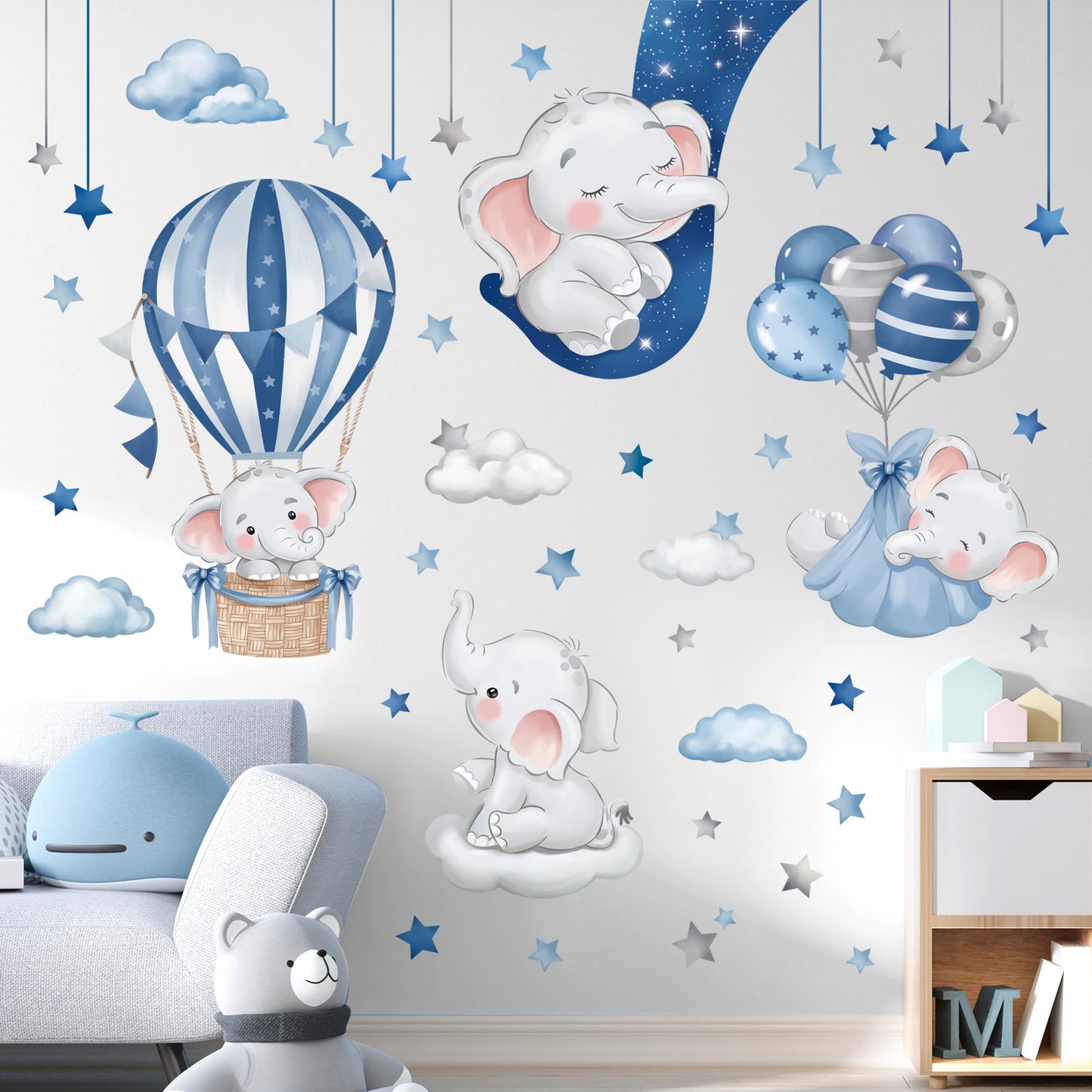 decalmile Blue Grey Sleeping Elephant Wall Decals Hot Air Balloon Moon Clouds Stars Wall Stickers