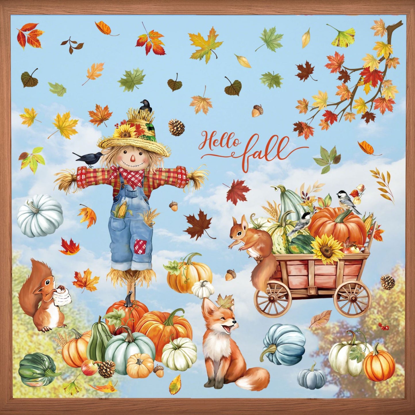 decalmile Thanksgiving Pumpkin Animals Window Clings Scarecrow Fox Squirrel Fall Leaves Double Sided Anti-Collision Window Decals