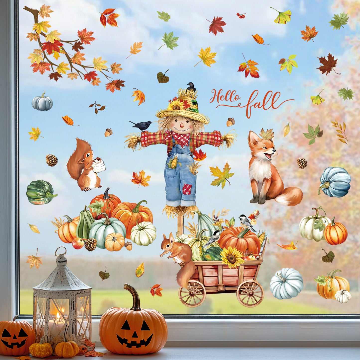 decalmile Thanksgiving Pumpkin Animals Window Clings Scarecrow Fox Squirrel Fall Leaves Double Sided Anti-Collision Window Decals