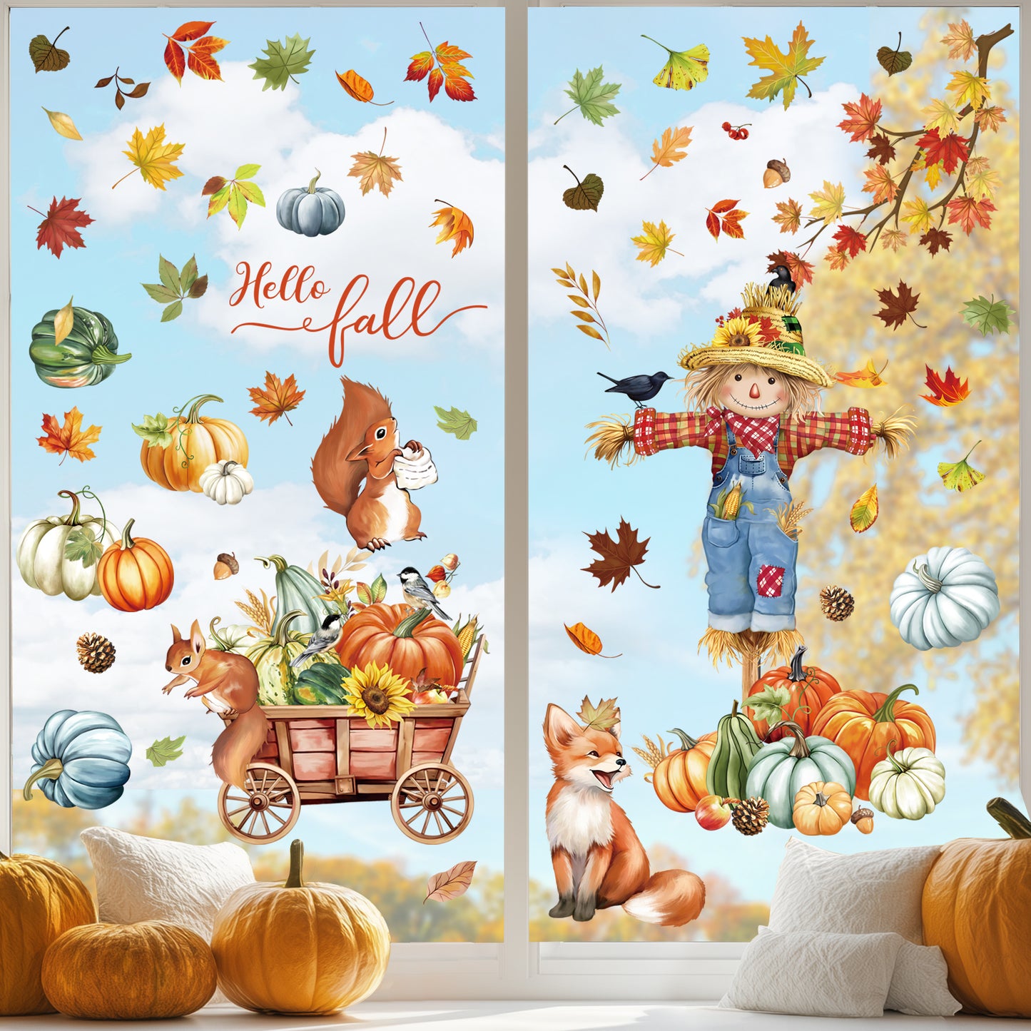 decalmile Thanksgiving Pumpkin Animals Window Clings Scarecrow Fox Squirrel Fall Leaves Double Sided Anti-Collision Window Decals