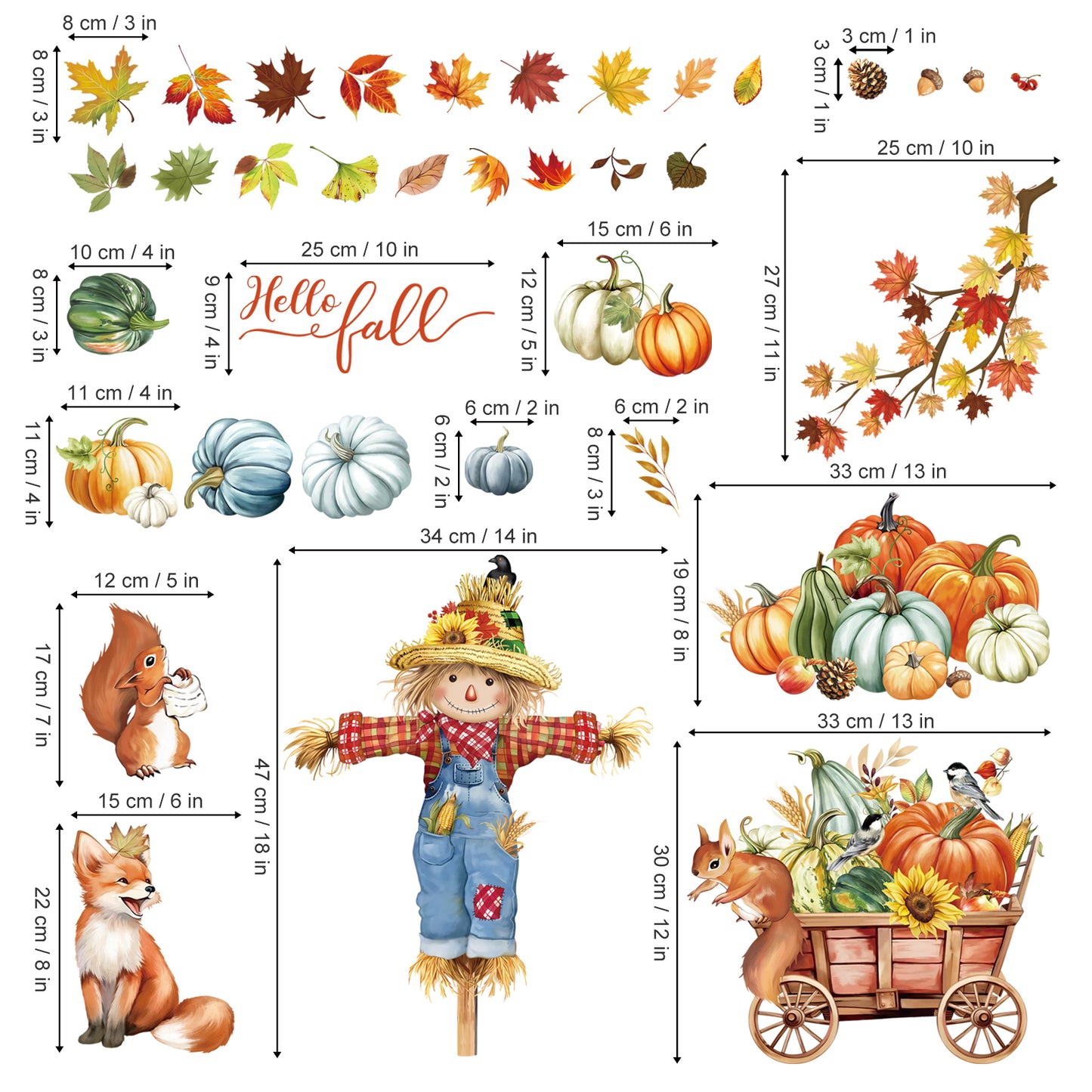decalmile Thanksgiving Pumpkin Animals Window Clings Scarecrow Fox Squirrel Fall Leaves Double Sided Anti-Collision Window Decals