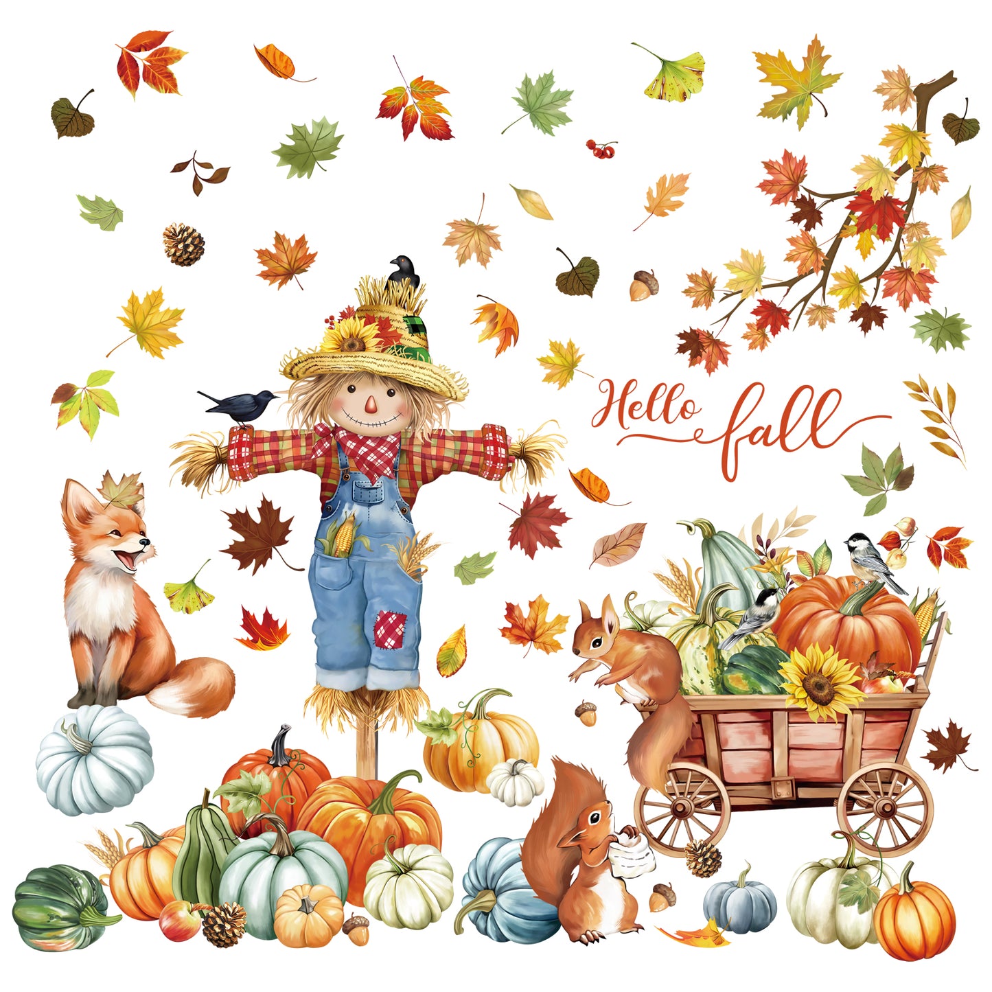 decalmile Thanksgiving Pumpkin Animals Window Clings Scarecrow Fox Squirrel Fall Leaves Double Sided Anti-Collision Window Decals