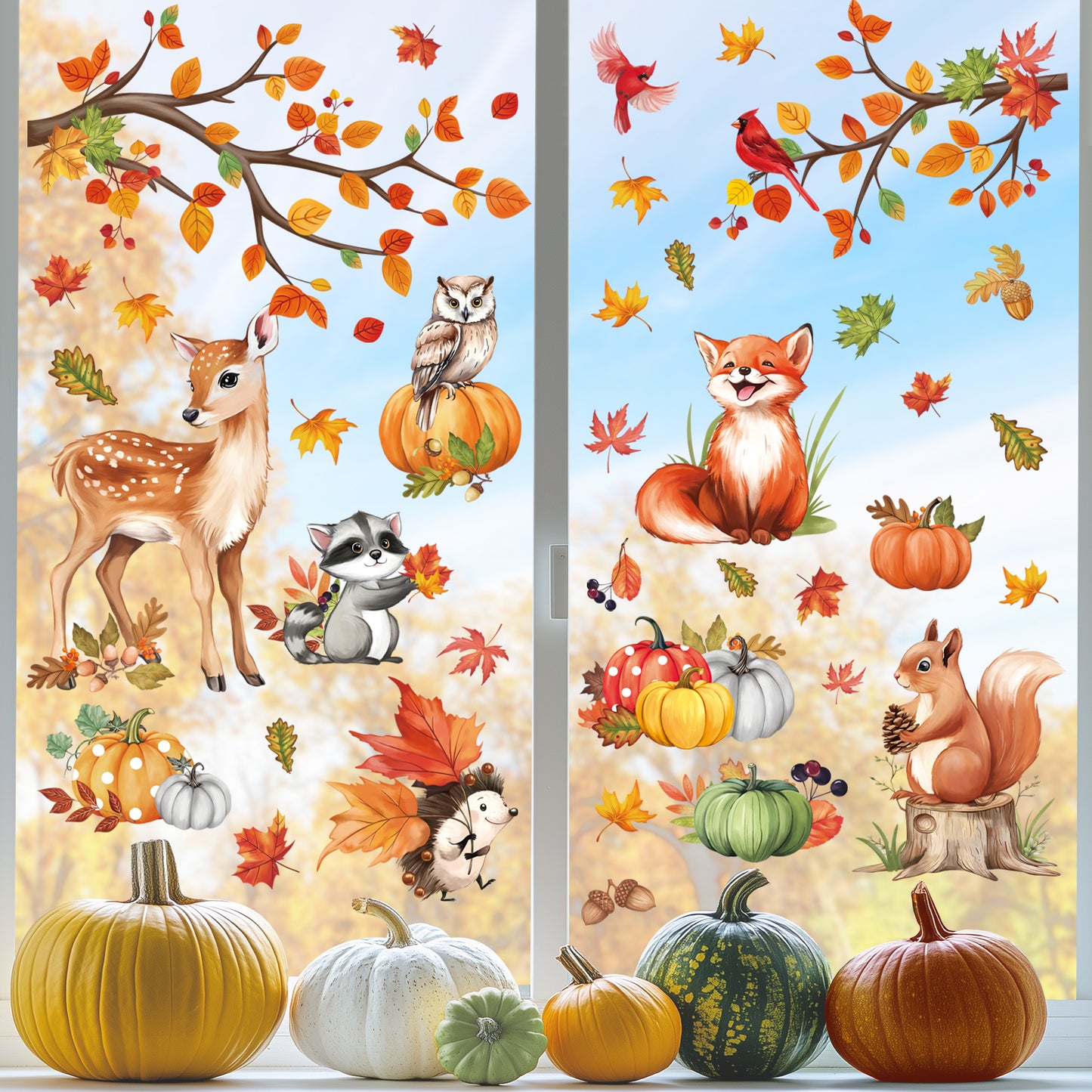 decalmile Woodland Animals Fall Pumpkin Window Clings Deer Fox Racoon Autumn Harvest Double Sided Anti-Collision Window Decals