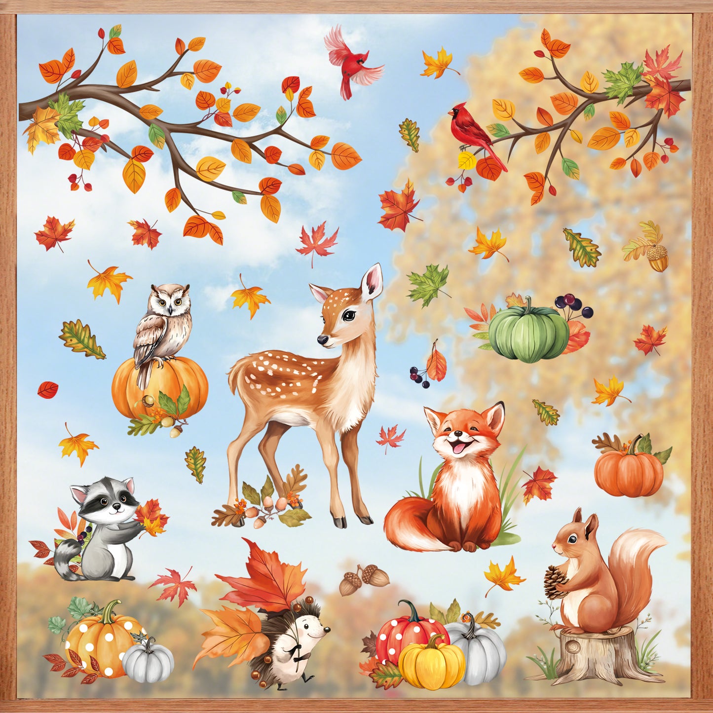 decalmile Woodland Animals Fall Pumpkin Window Clings Deer Fox Racoon Autumn Harvest Double Sided Anti-Collision Window Decals