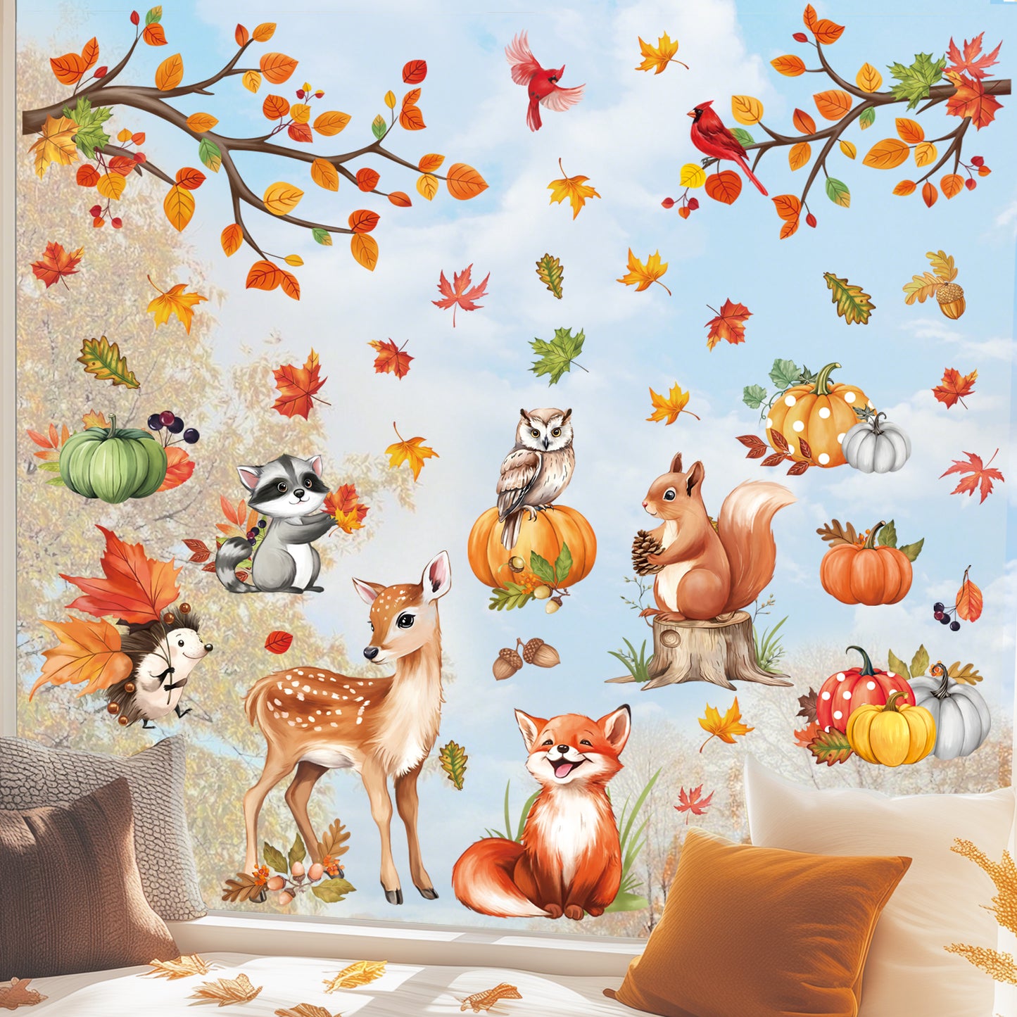 decalmile Woodland Animals Fall Pumpkin Window Clings Deer Fox Racoon Autumn Harvest Double Sided Anti-Collision Window Decals
