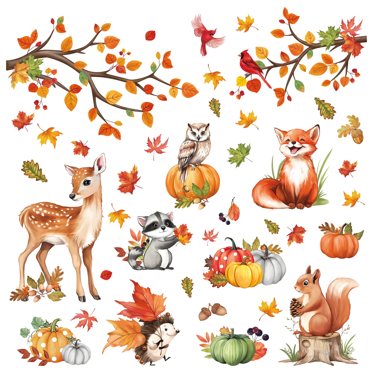 decalmile Woodland Animals Fall Pumpkin Window Clings Deer Fox Racoon Autumn Harvest Double Sided Anti-Collision Window Decals