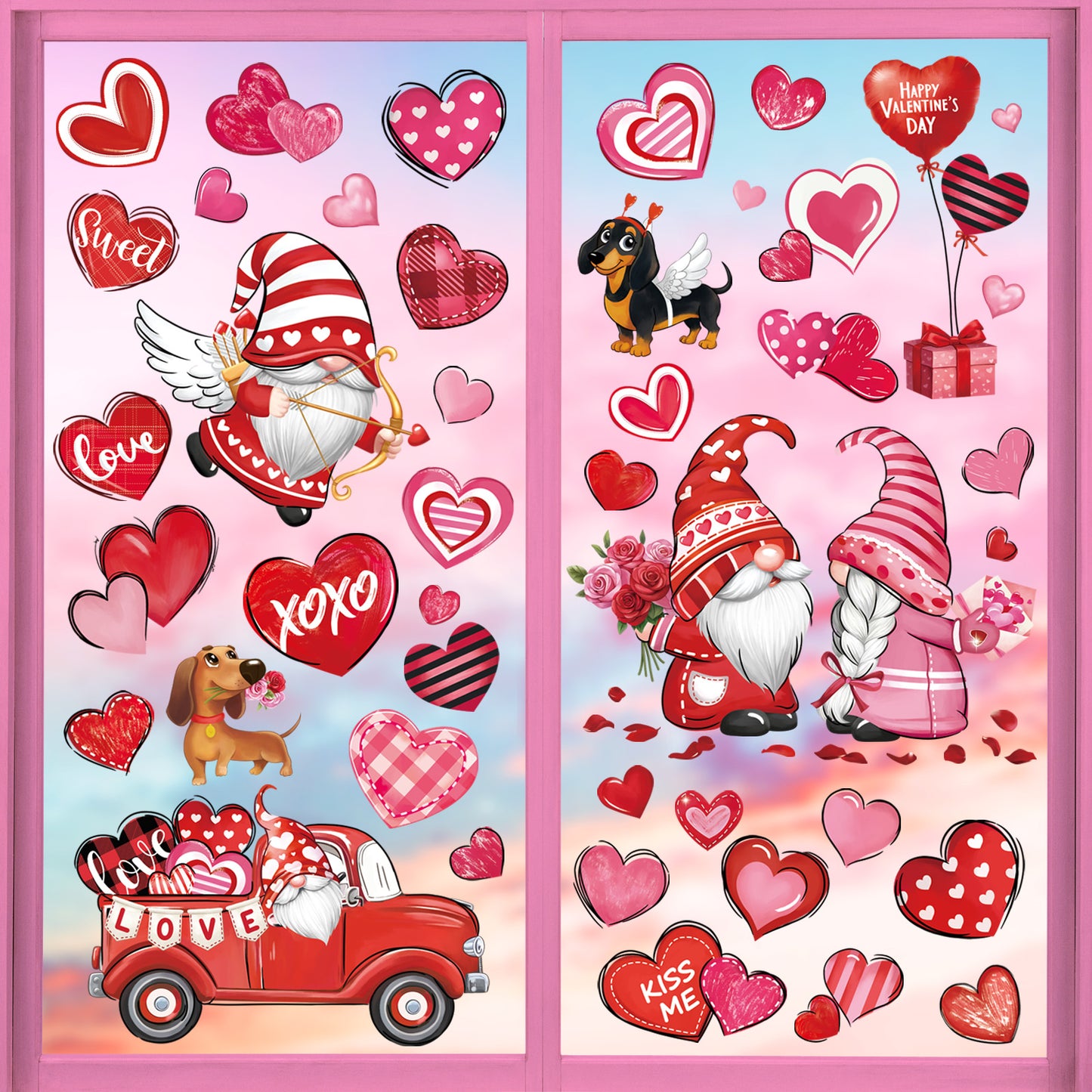 decalmile Valentines Day Double Sided Window Clings Valentine Red Gnomes Heart Anti-Collision Window Decals